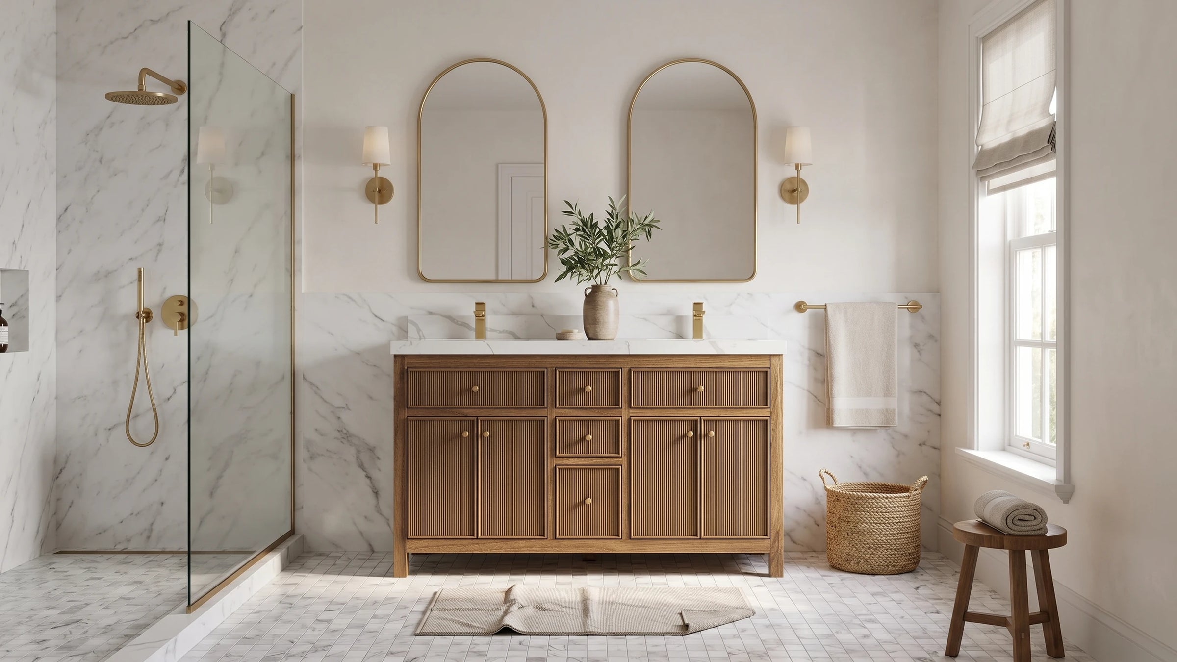 Sonoma 60 in. double vanity in dark natural teak in a marble bathroom