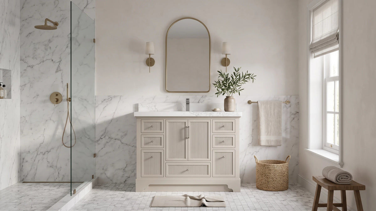 Alys 48 in. single sink vanity in Fine Grain Linen Beige in a marble bathroom