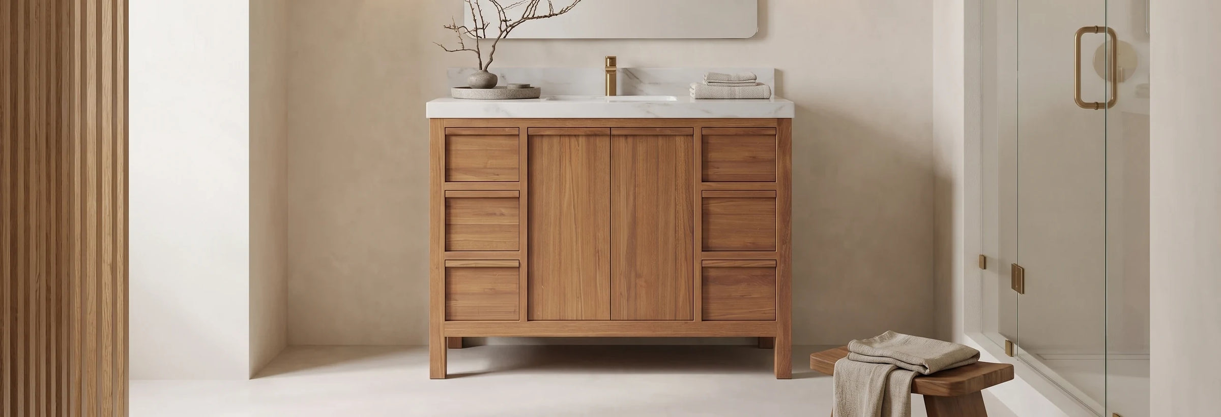 Elizabeth Teak Wood 48 in. single sink vanity in dark natural teak in a japandi bathroom