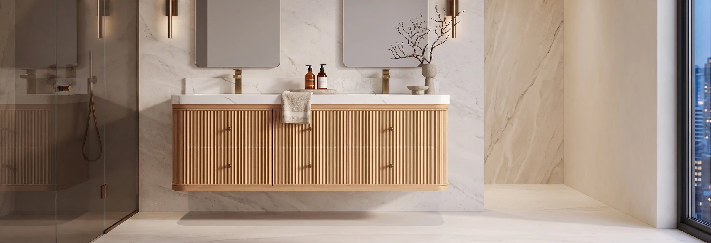 Hampton Floating White Oak 60 in. double sink vanity wall-mounted in a penthouse bathroom