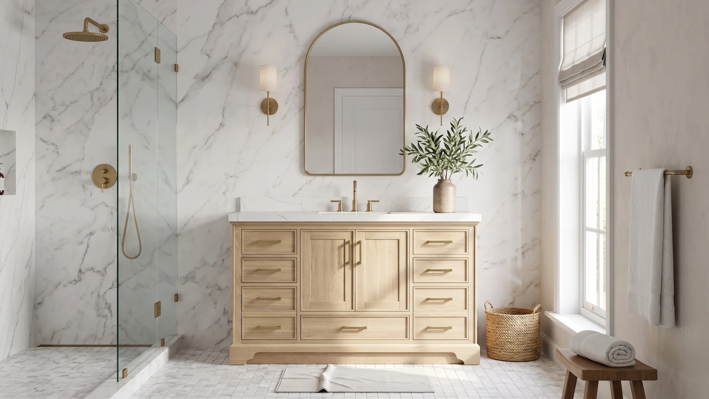Charlotte 60 in. single sink vanity in white oak in a marble bathroom