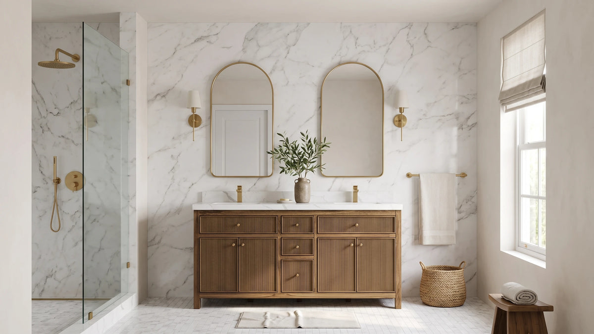 Sonoma reeded 72 in. double sink vanity in dark natural teak in a marble bathroom