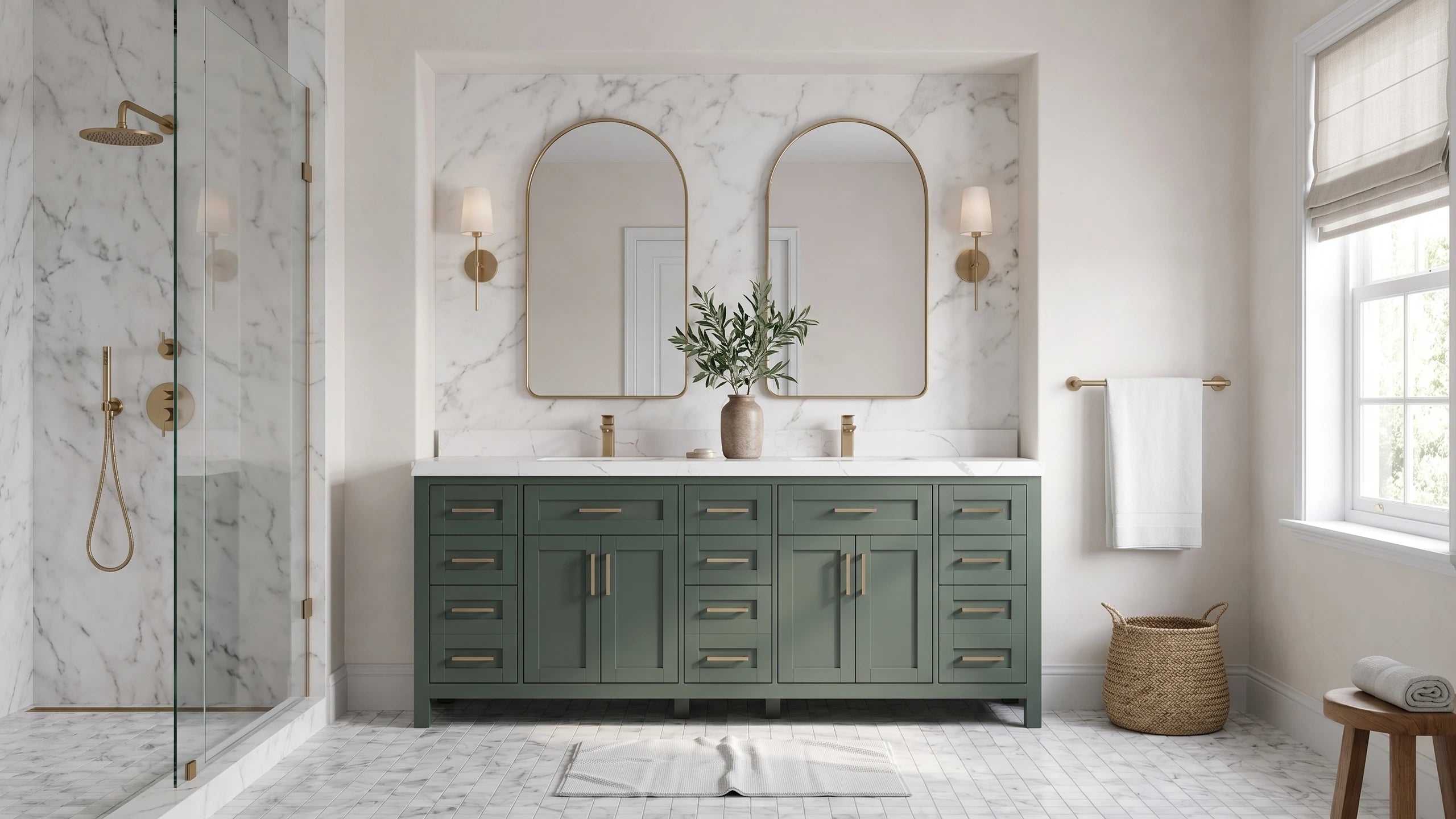 Cambridge 84 in. double sink vanity in Pewter Green in a marble bathroom