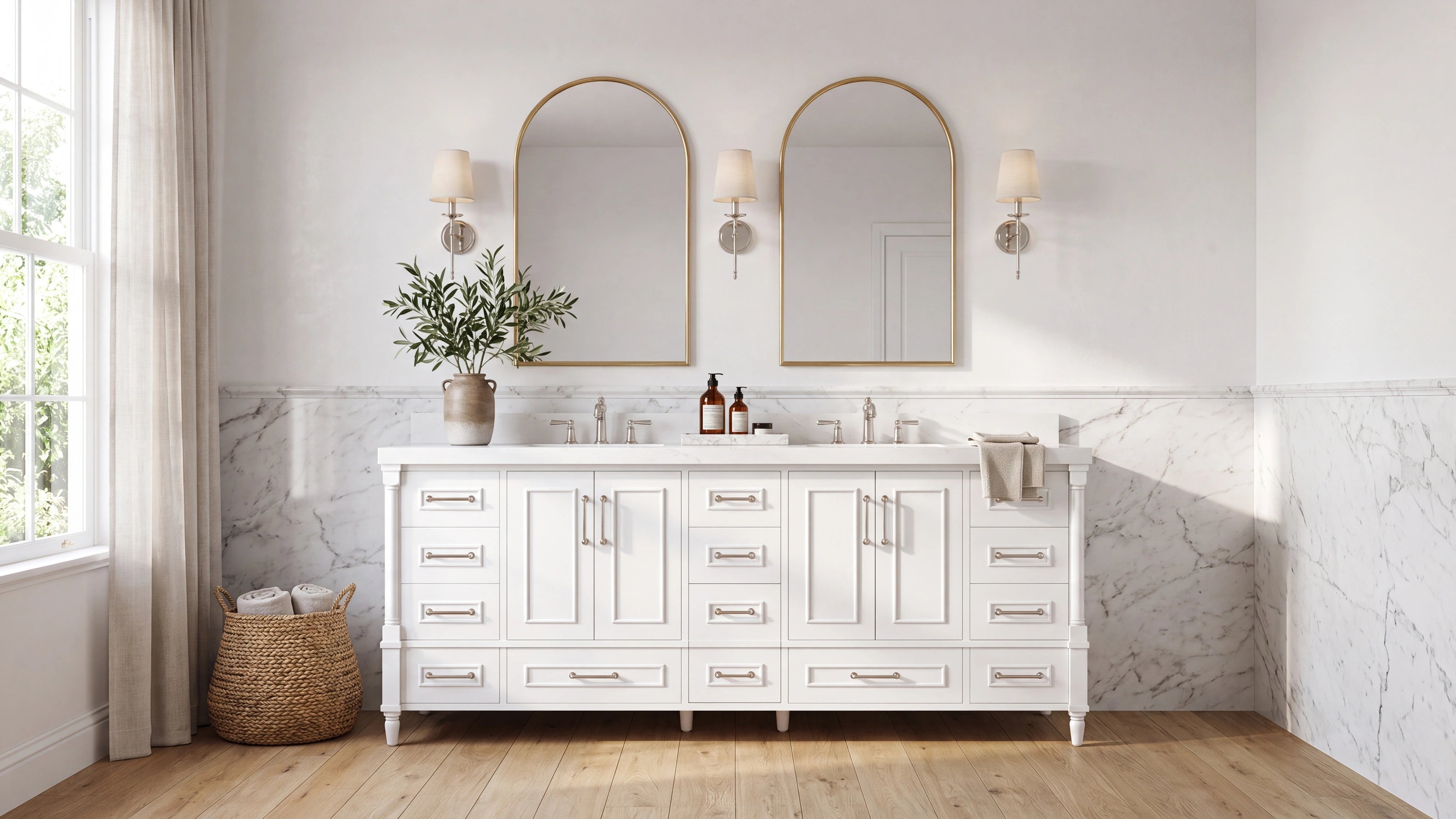Aberdeen white double sink bathroom vanity with polished nickel hardware and quartz top — Willow Bath and Vanity