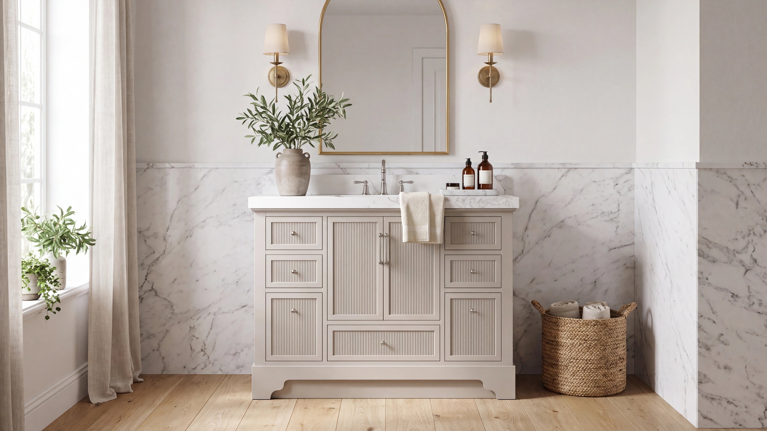 Alys greige reeded single sink bathroom vanity with polished nickel hardware and quartz top — Willow Bath and Vanity