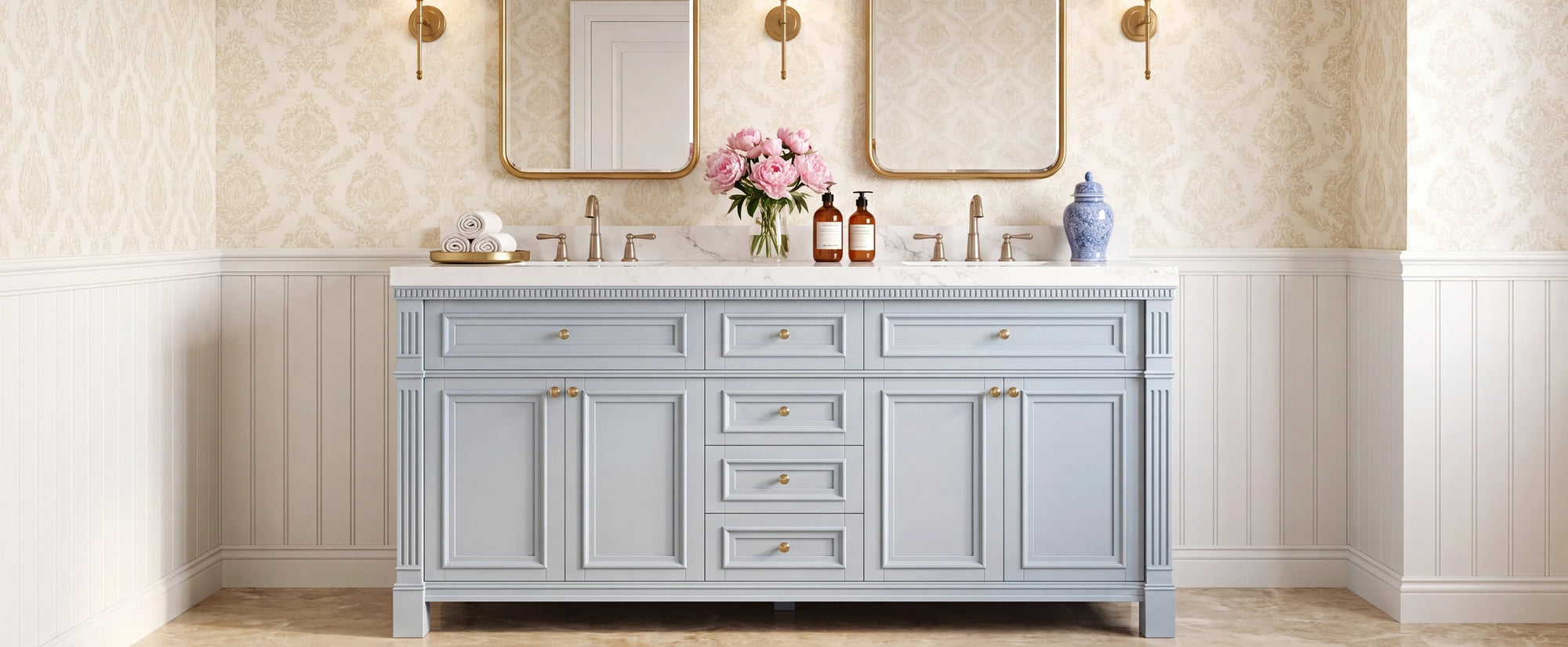 Willow double-sink vanity styled in a refined bathroom interior