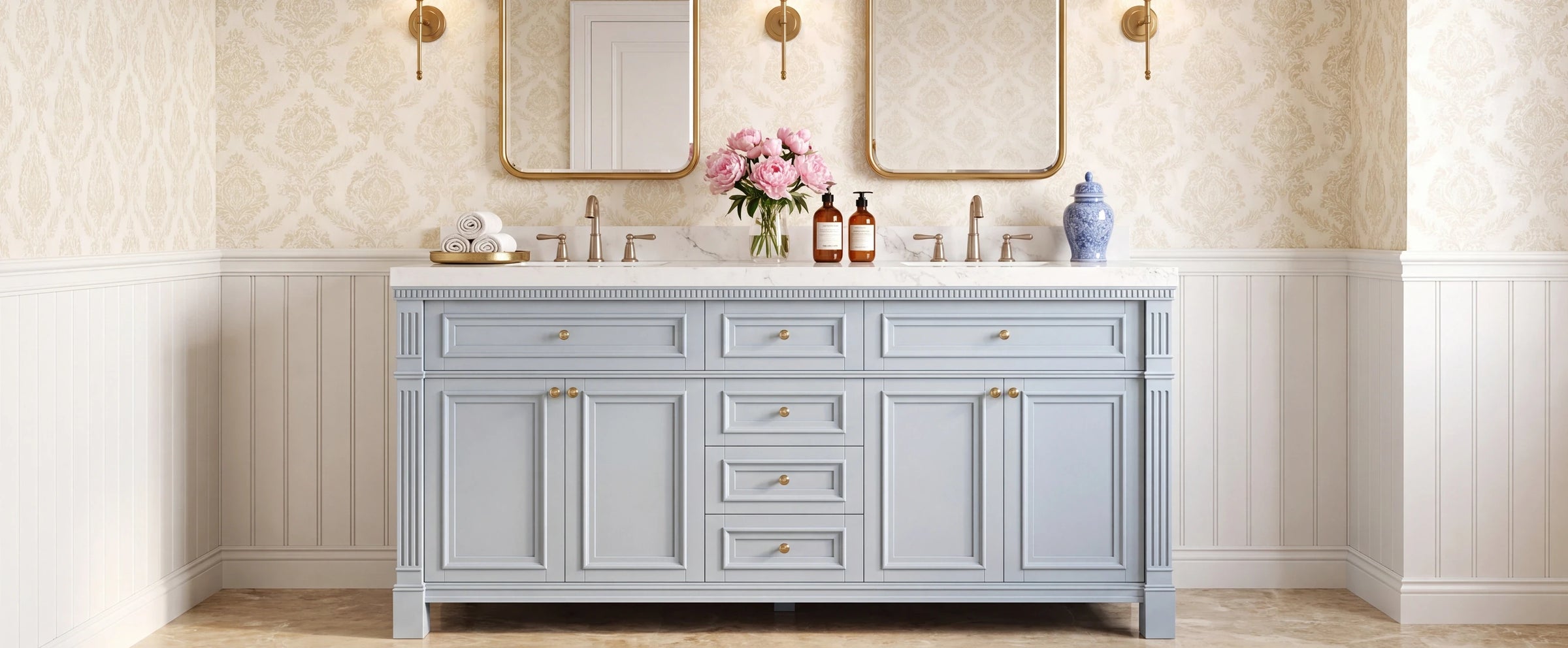 Paris solid-wood double-sink vanity in Blue Heather with white quartz top and brass fixtures in a traditional damask-wallpaper bathroom — Willow Bath and Vanity double sink vanities