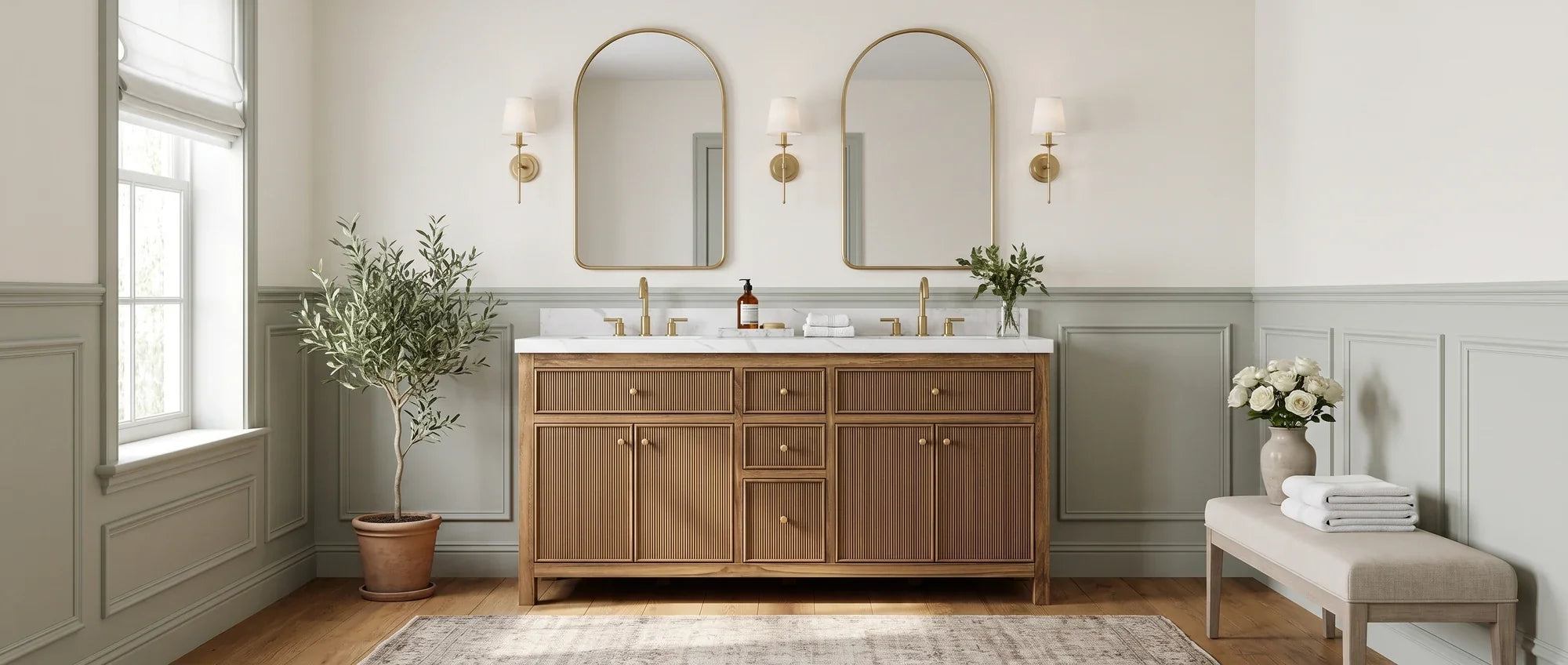 Best Selling bathroom vanities — American transitional bathroom with a reeded teak double-sink vanity, brushed brass fixtures and marble top