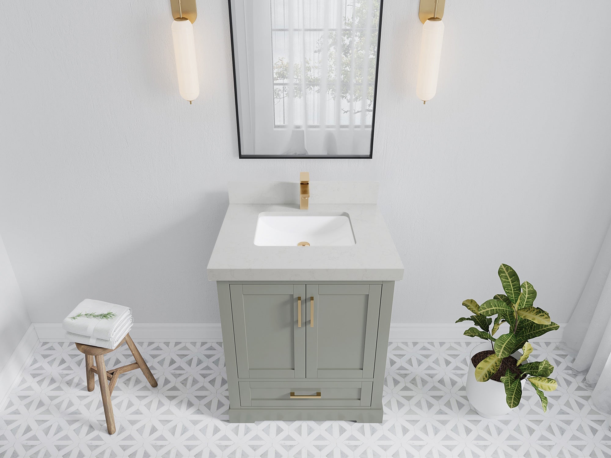 Boston 30-inch Evergreen bathroom vanity with Carrara quartz countertop