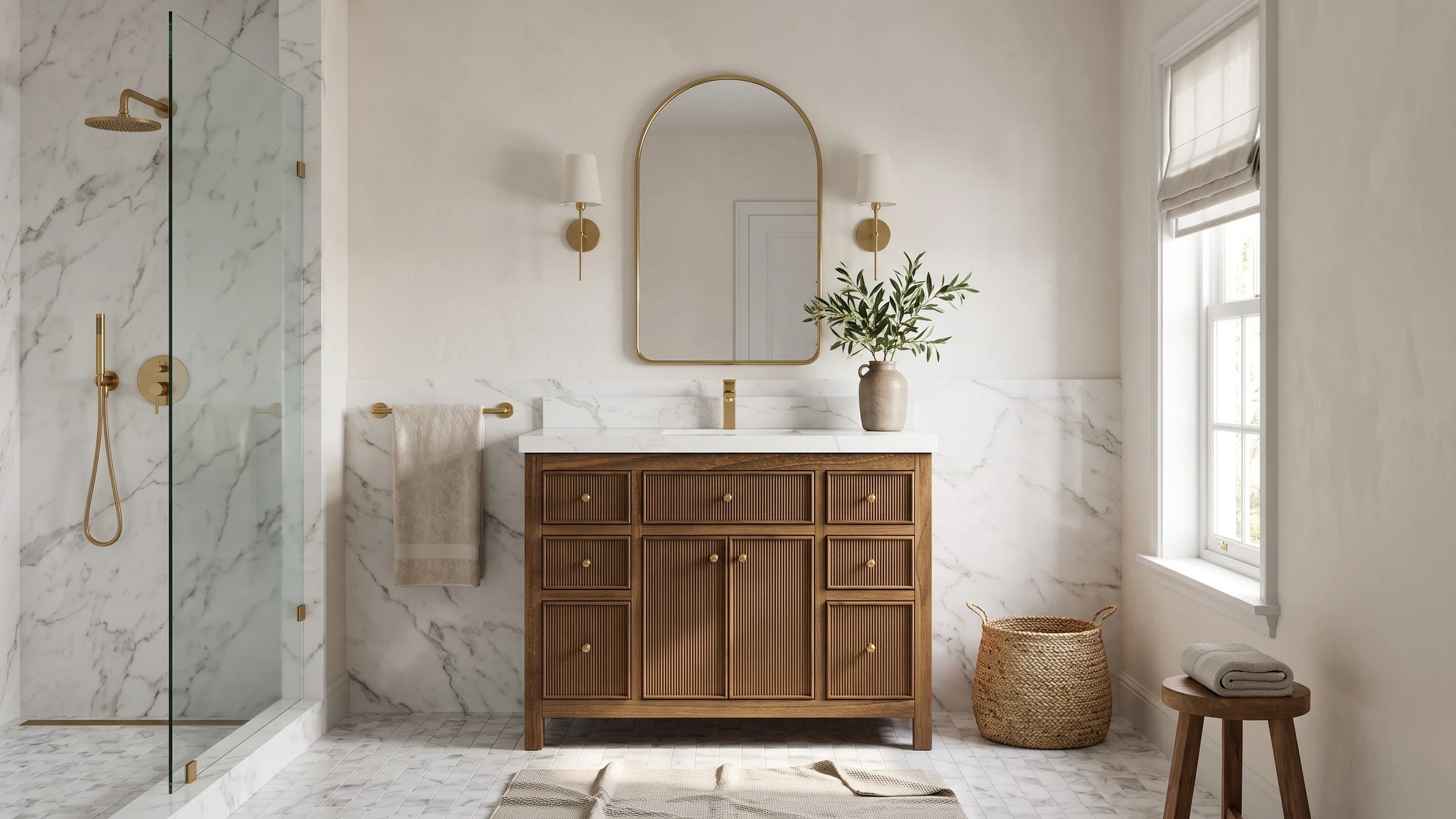 Sonoma reeded 48 in. solid teak vanity in a marble bathroom