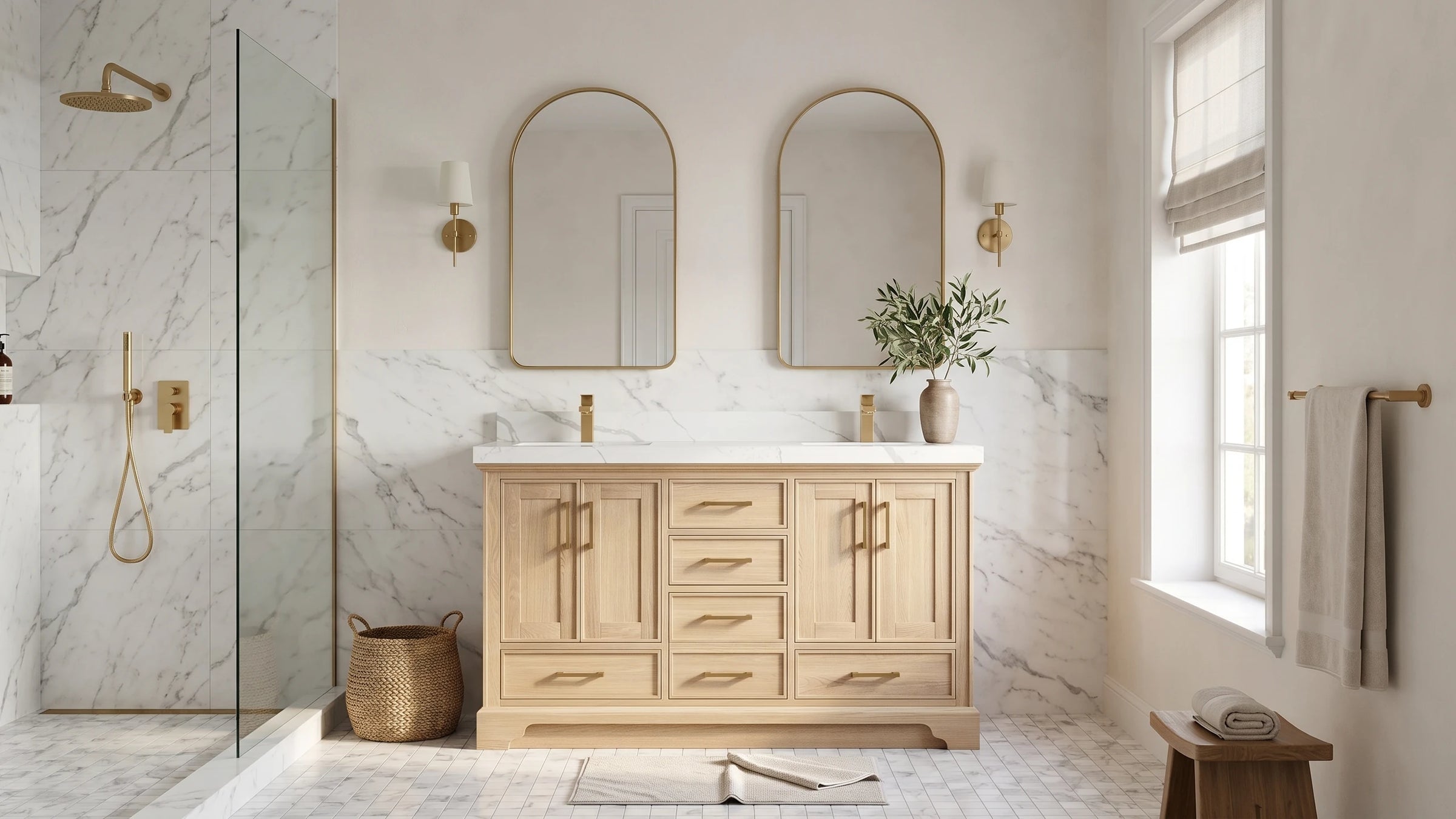 Charlotte 60 in. double vanity in white oak in a marble bathroom