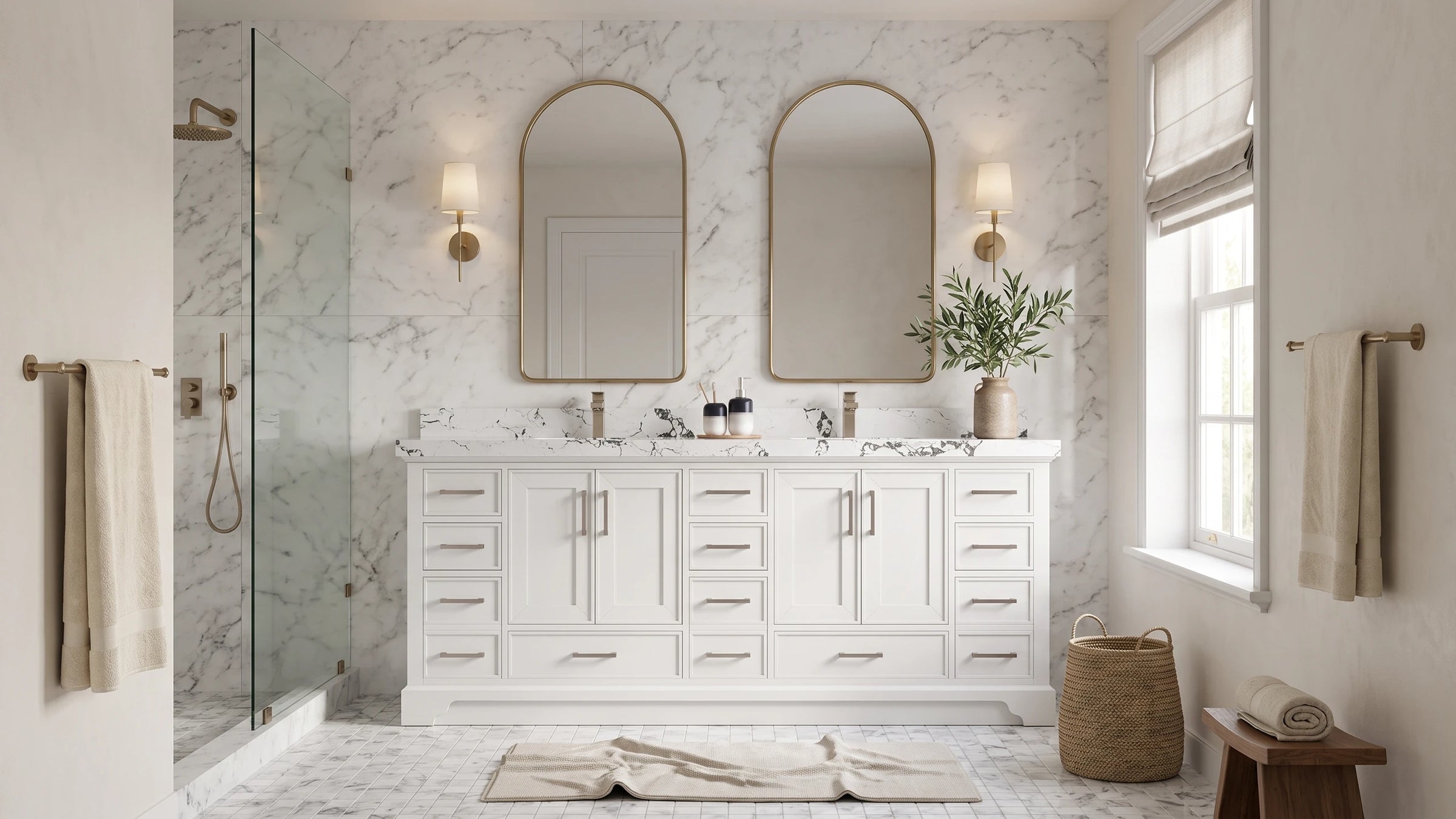 Charlotte 84 in. double vanity in solid birch in a marble bathroom