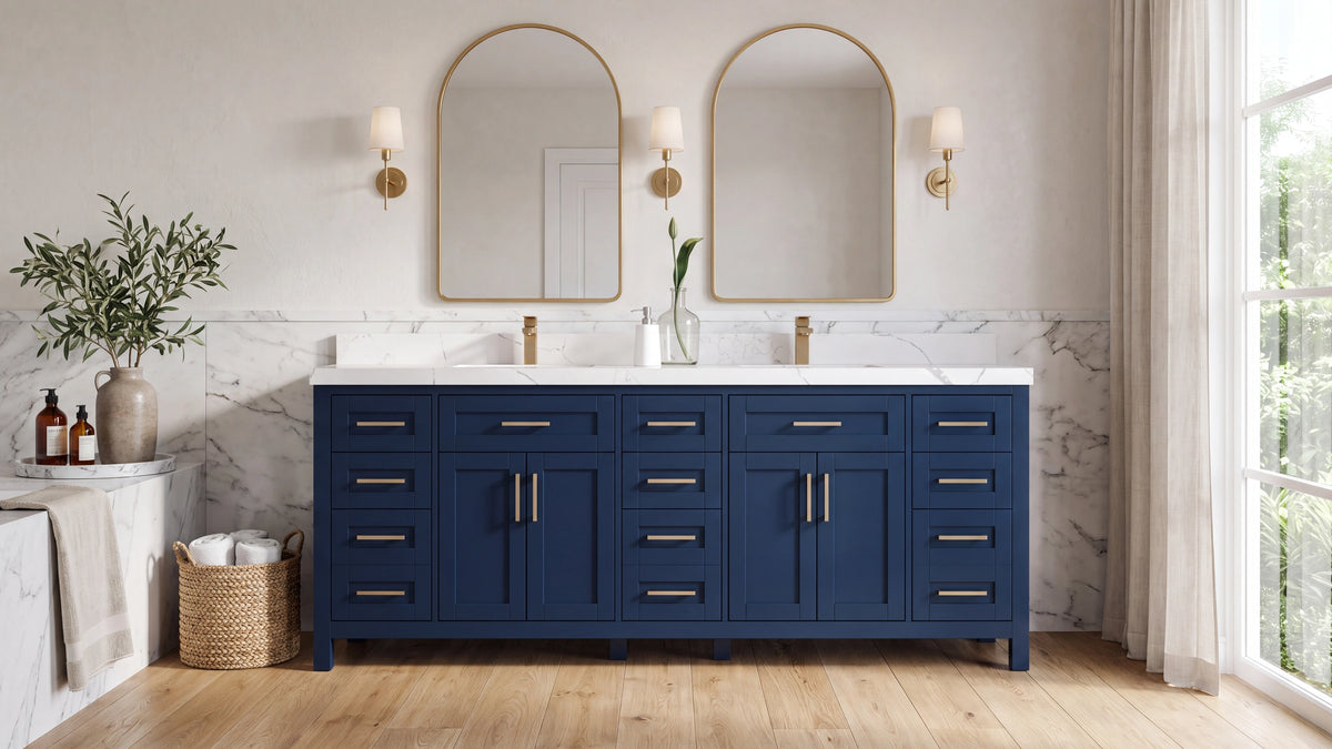 Cambridge navy blue double sink bathroom vanity with brushed brass hardware and Calacatta quartz top — Willow Bath and Vanity