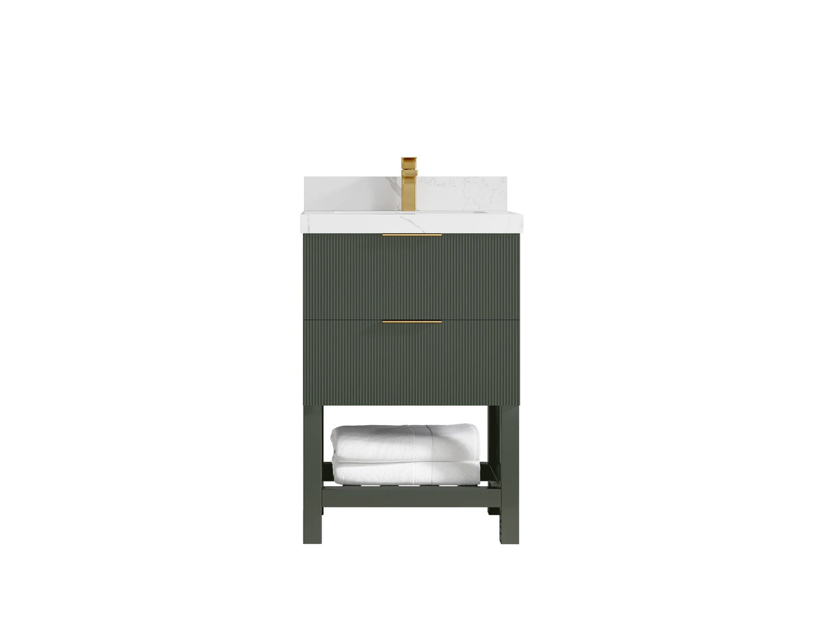 24-inch green bathroom vanity with white countertop and fluted cabinet, front view