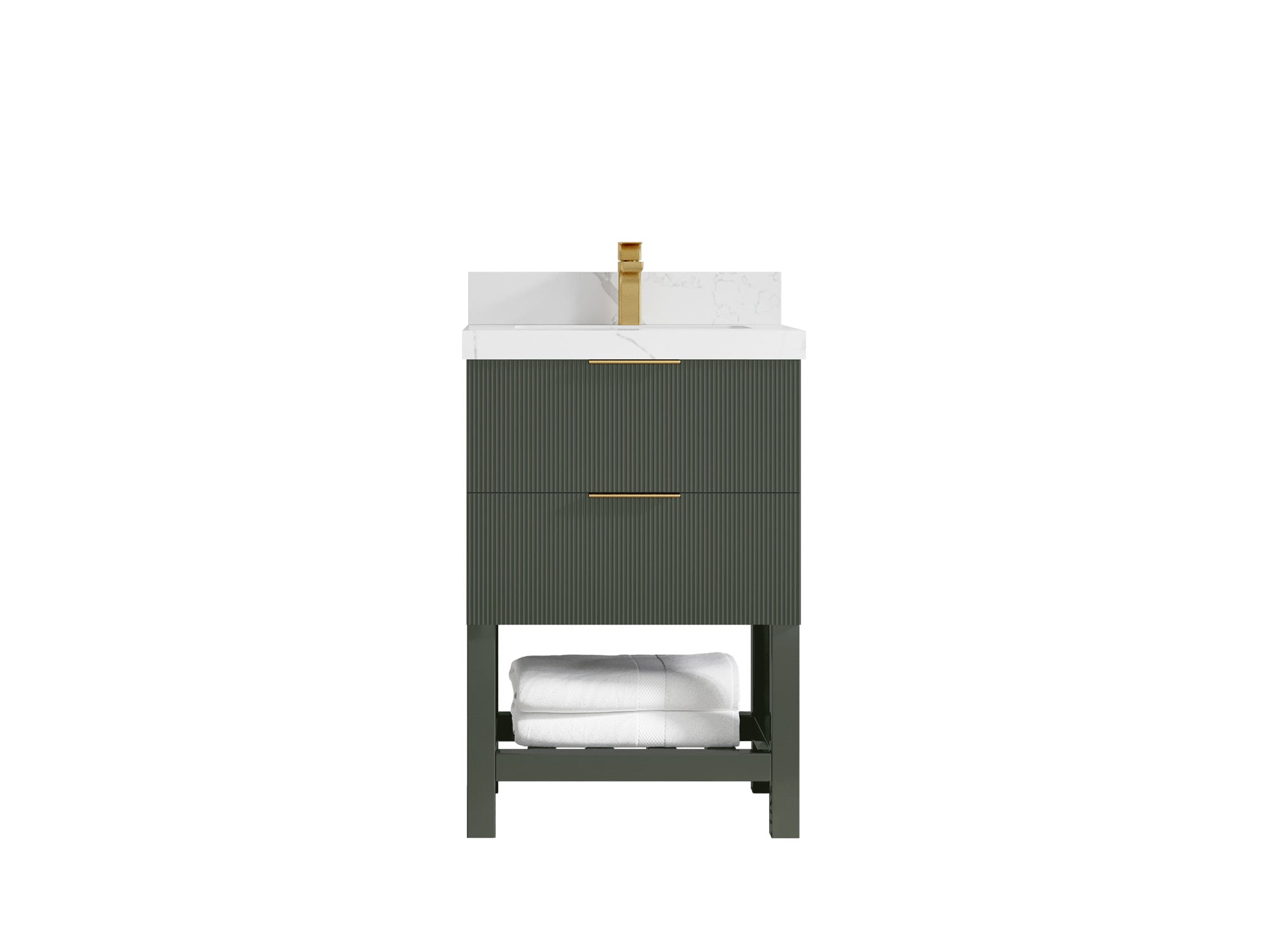 24-inch green bathroom vanity with white countertop and fluted cabinet, front view