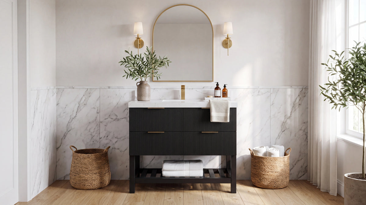 Catalina black reeded single-sink vanity with brass hardware
