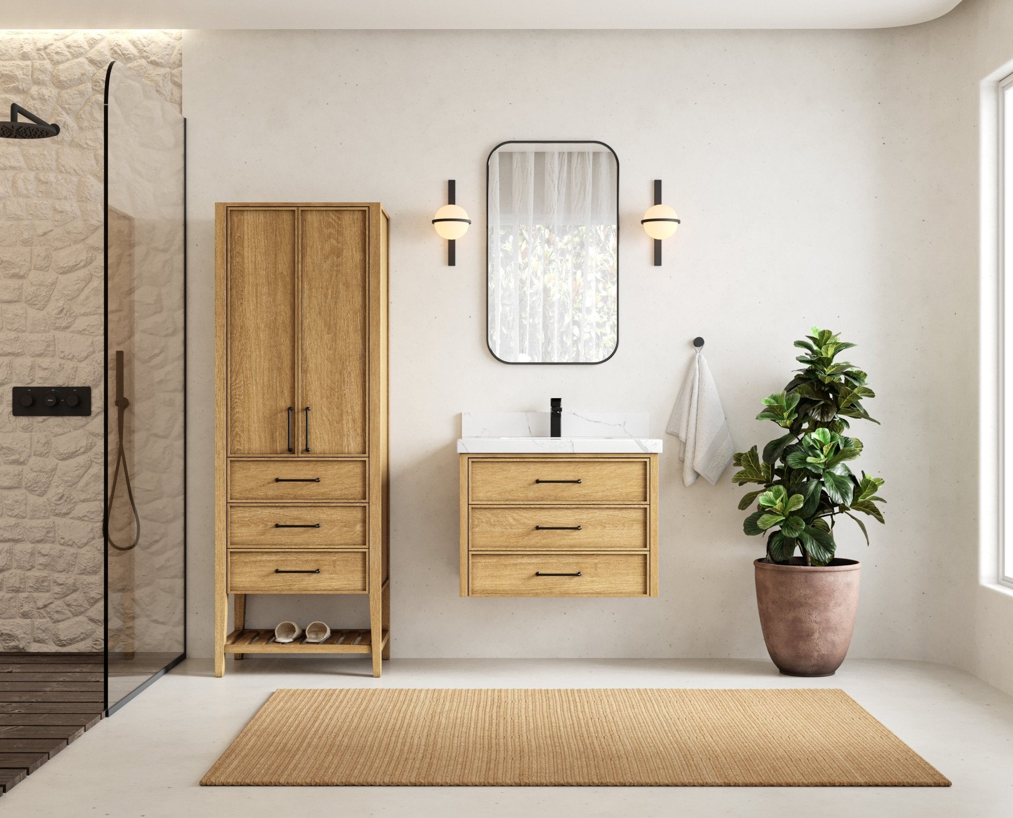 Charlotte 30-inch floating Natural Mindi bathroom vanity with white quartz countertop