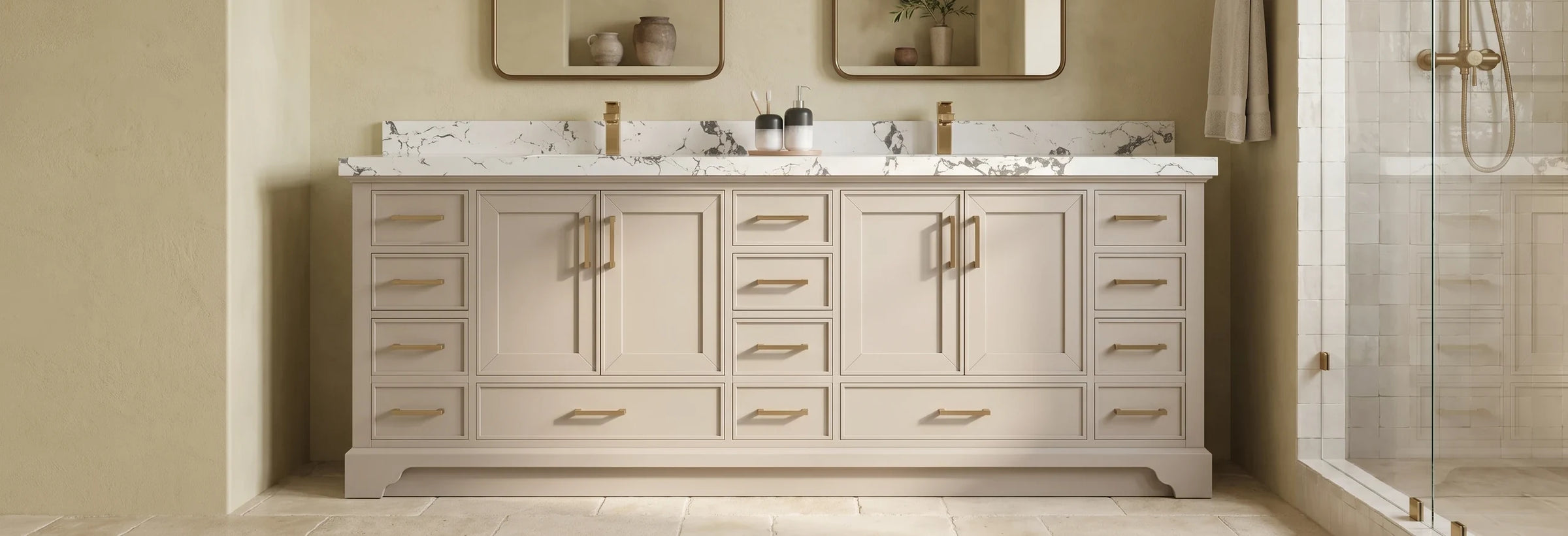 Charlotte 96 in. double sink vanity in Fine Grain Linen Beige in a Mediterranean bathroom