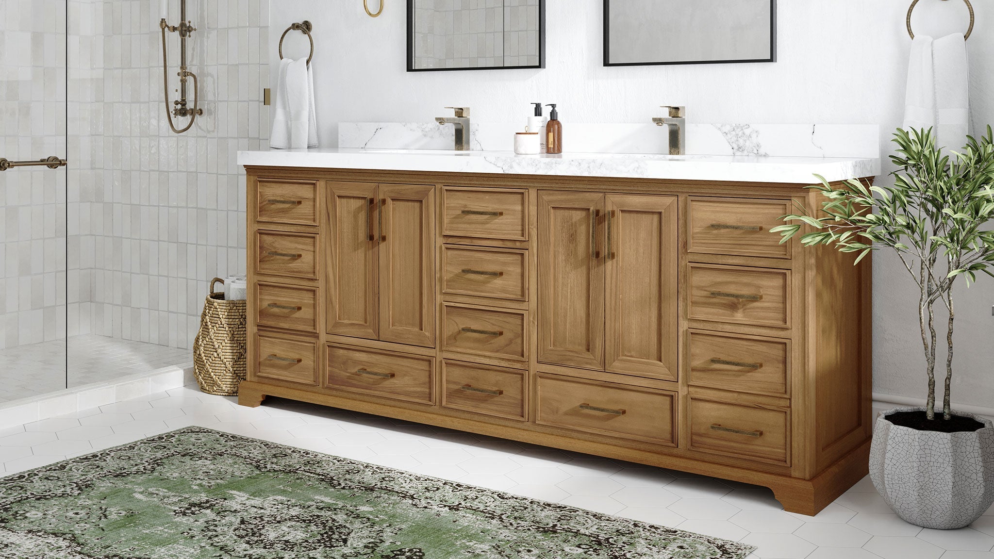 Charlotte Slim Shaker Bathroom Vanity – White Oak, Teak Wood, Painted with Quartz & Marble or Taj Mahal Quarzite - Willow Bath and Vanity