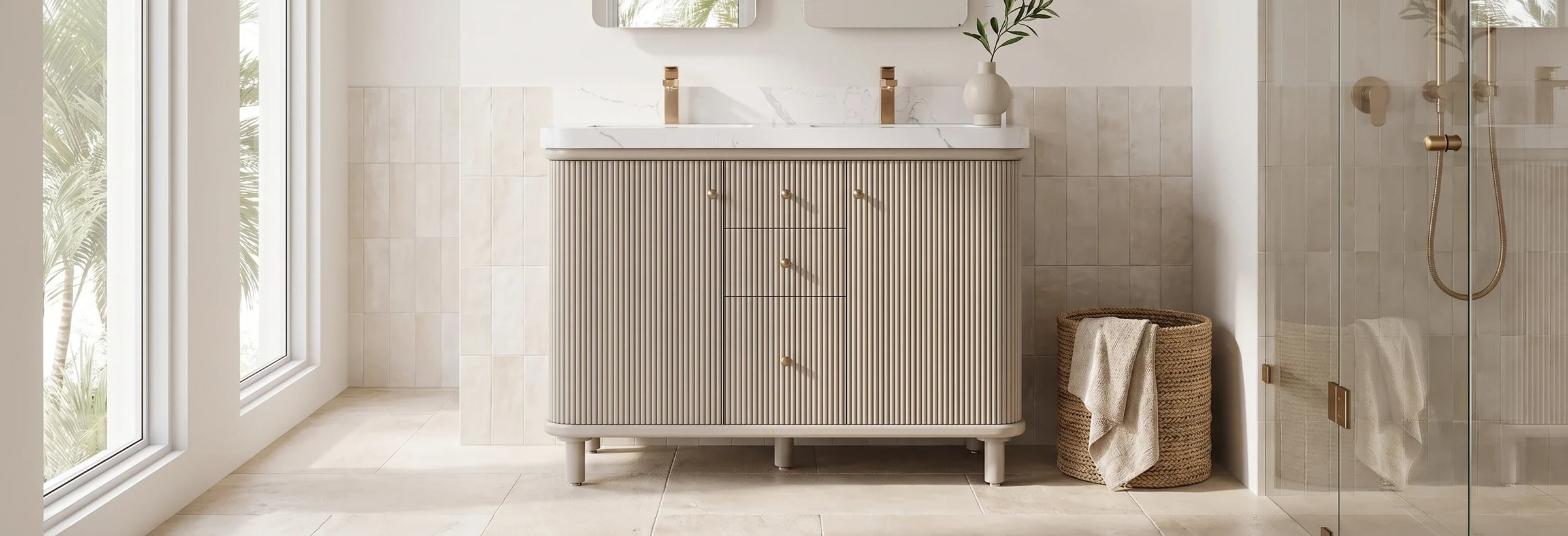 Miami 48 in. freestanding double sink vanity in Fine Grain Linen Beige in a coastal bathroom