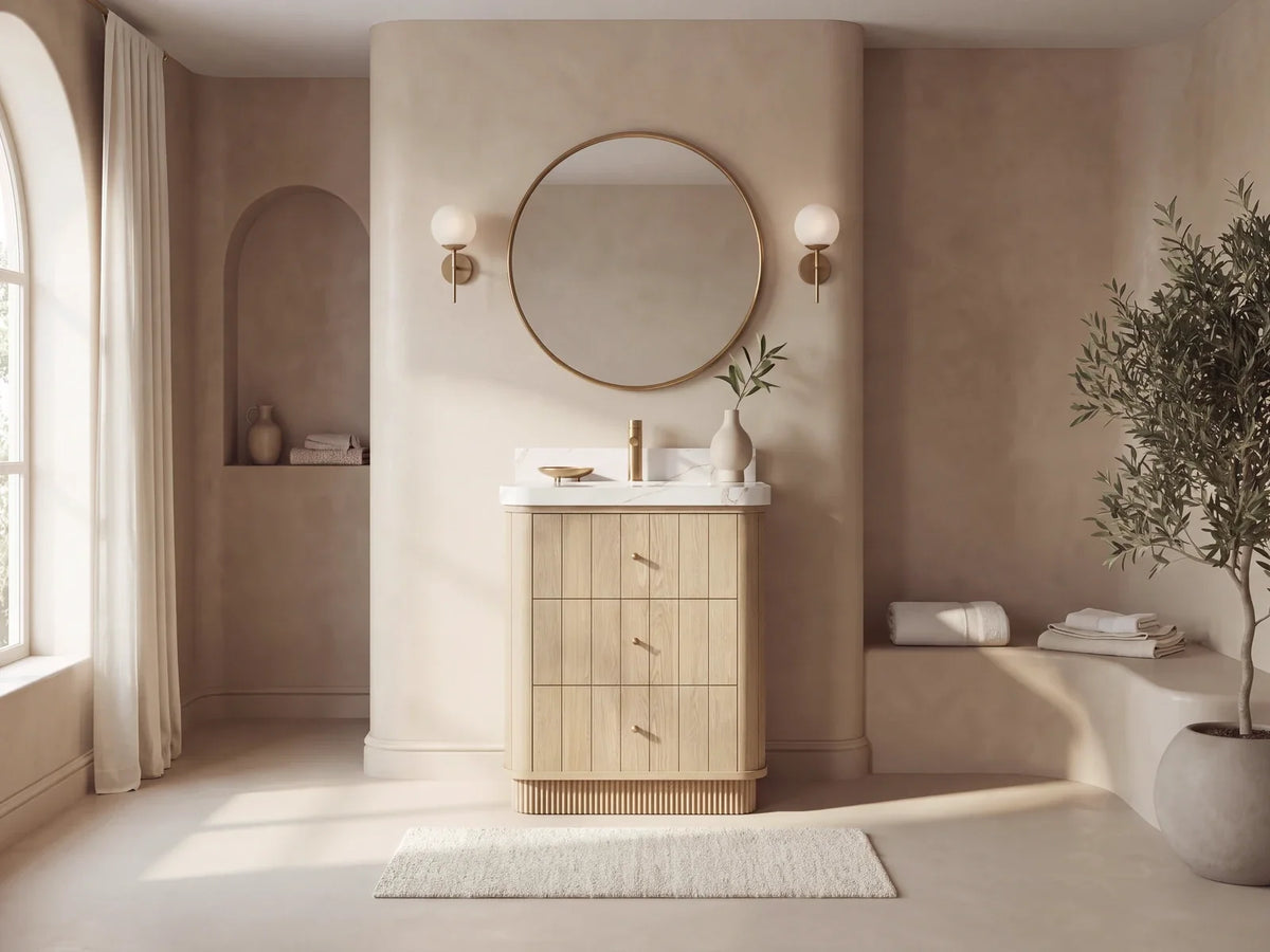Houston 30 inch White Oak curved edge bathroom vanity with rounded ends and a fluted plinth