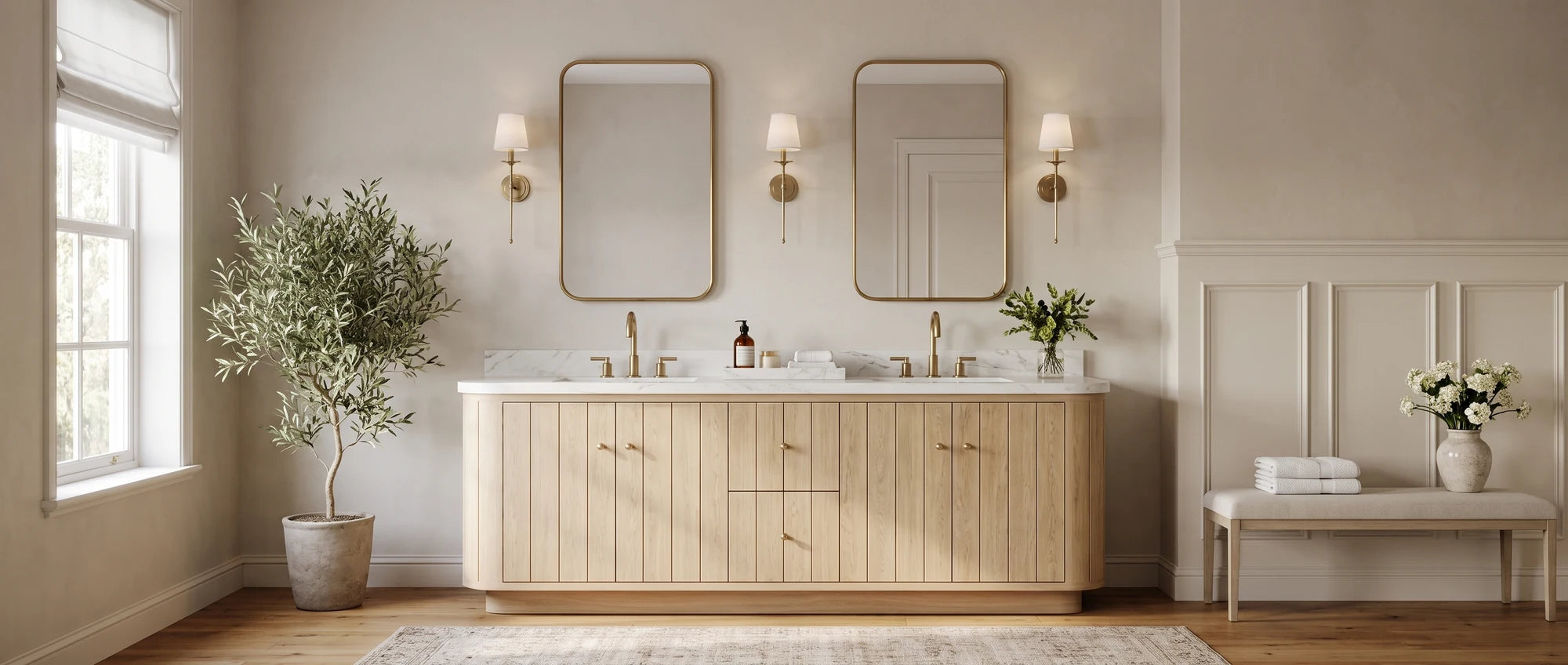 Curved bathroom vanities — freestanding white oak curved-edge Houston double-sink vanity with brushed brass fixtures and marble top