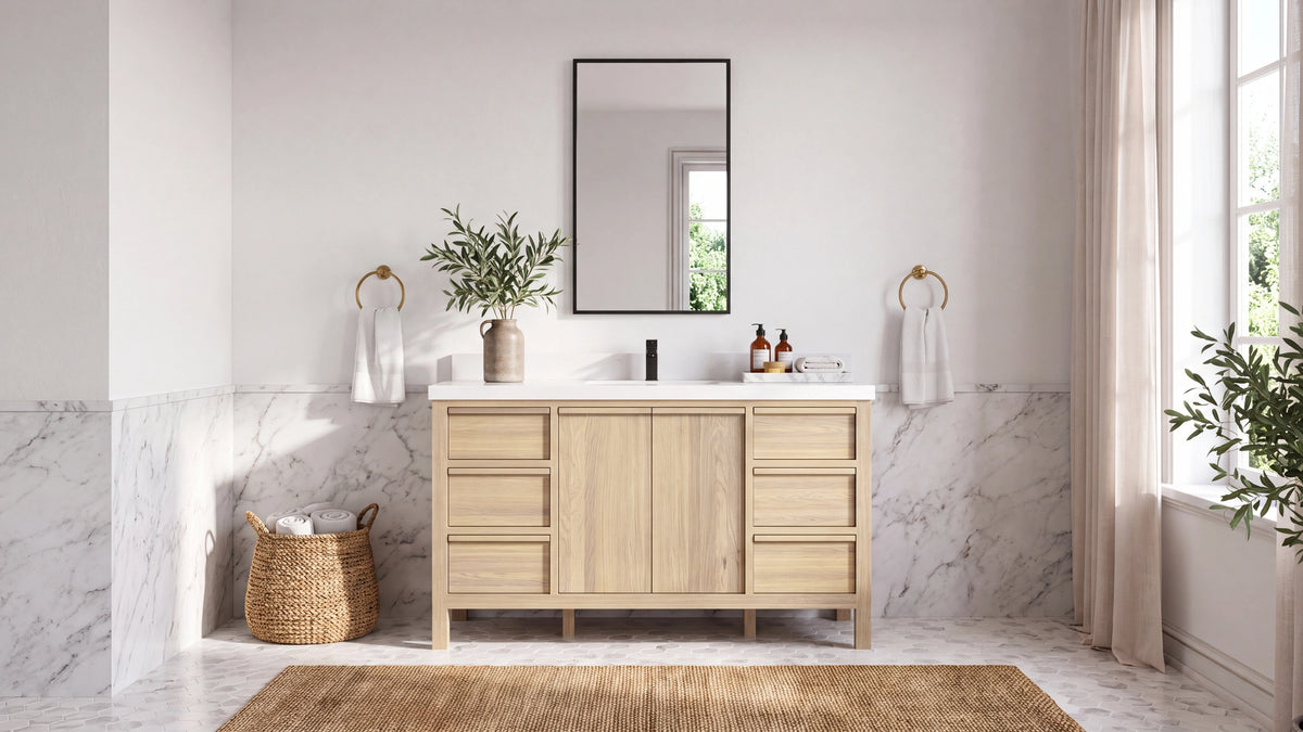 Elizabeth teak single-sink bathroom vanity in a bright bathroom — Willow Bath & Vanity