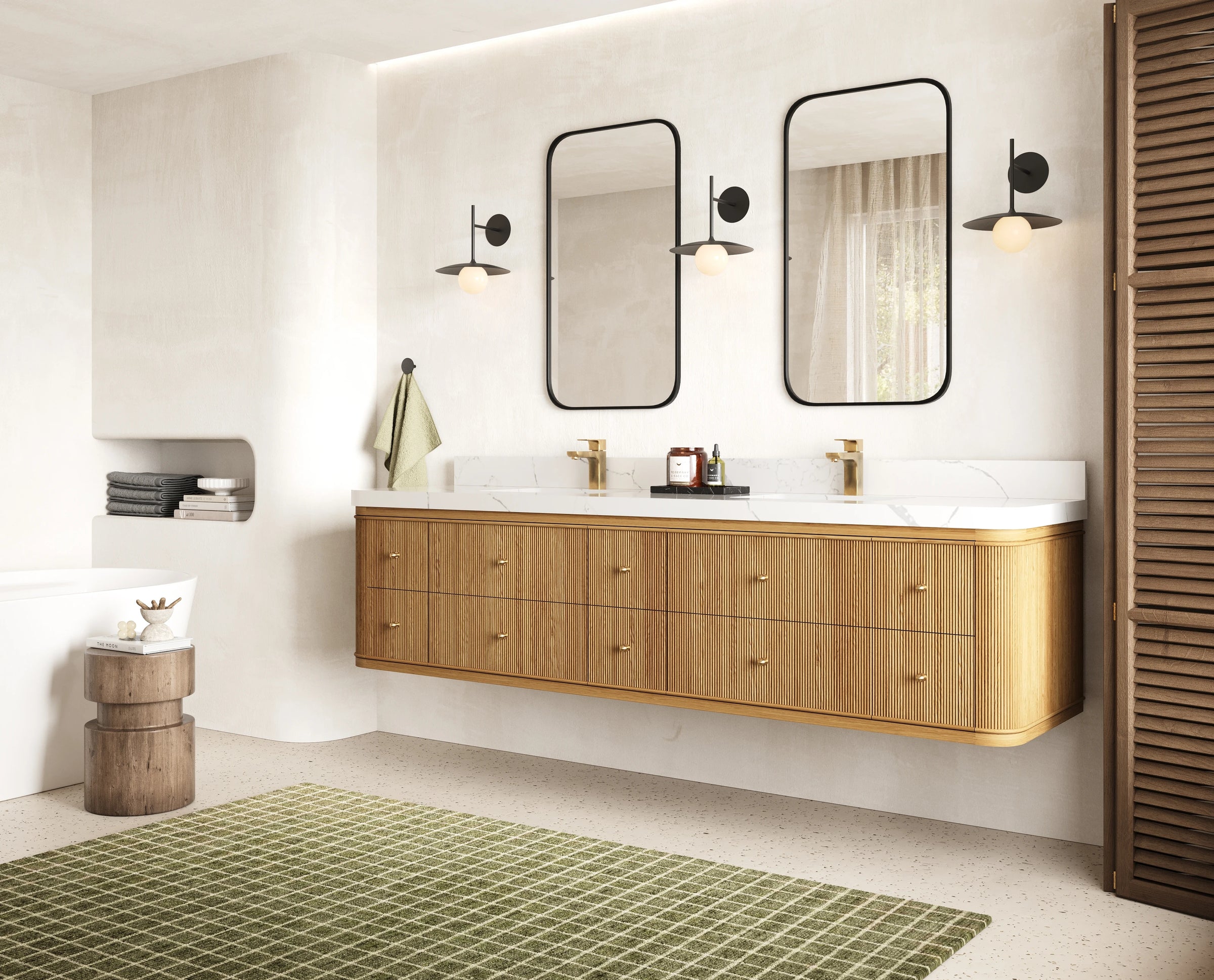 Hampton honey oak reeded floating wall mounted double sink bathroom vanity with brushed brass hardware — Willow Bath and Vanity