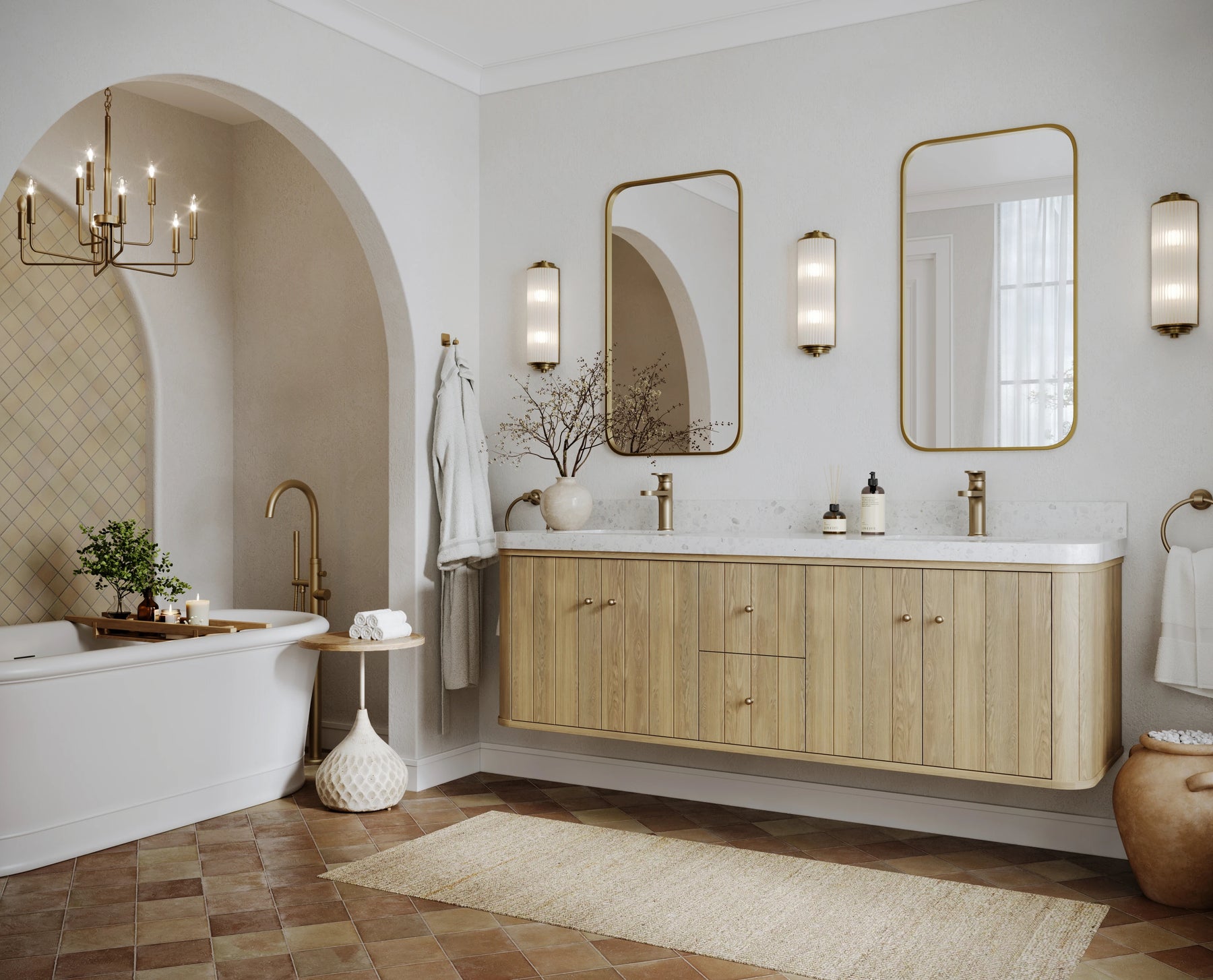 Houston white oak curved floating bathroom vanity with fluted front and brushed brass hardware — Willow Bath and Vanity