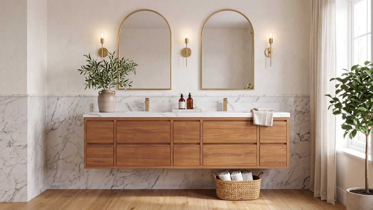 Madison teak floating wall mounted double sink bathroom vanity with flat slab drawers and Calacatta quartz top — Willow Bath and Vanity