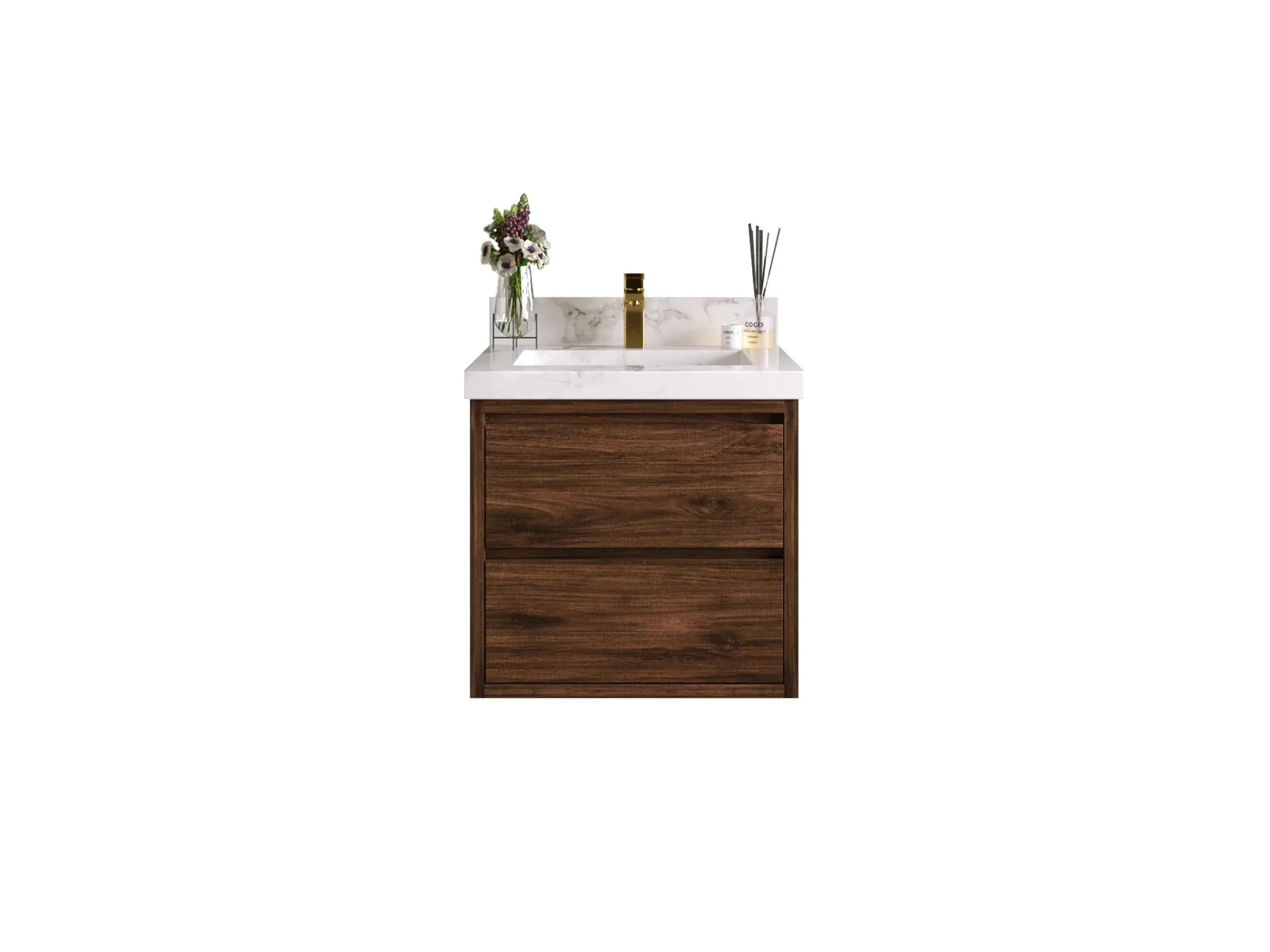 Madison 24-inch floating bathroom vanity in Dark Walnut Teak with white stone countertop, front view