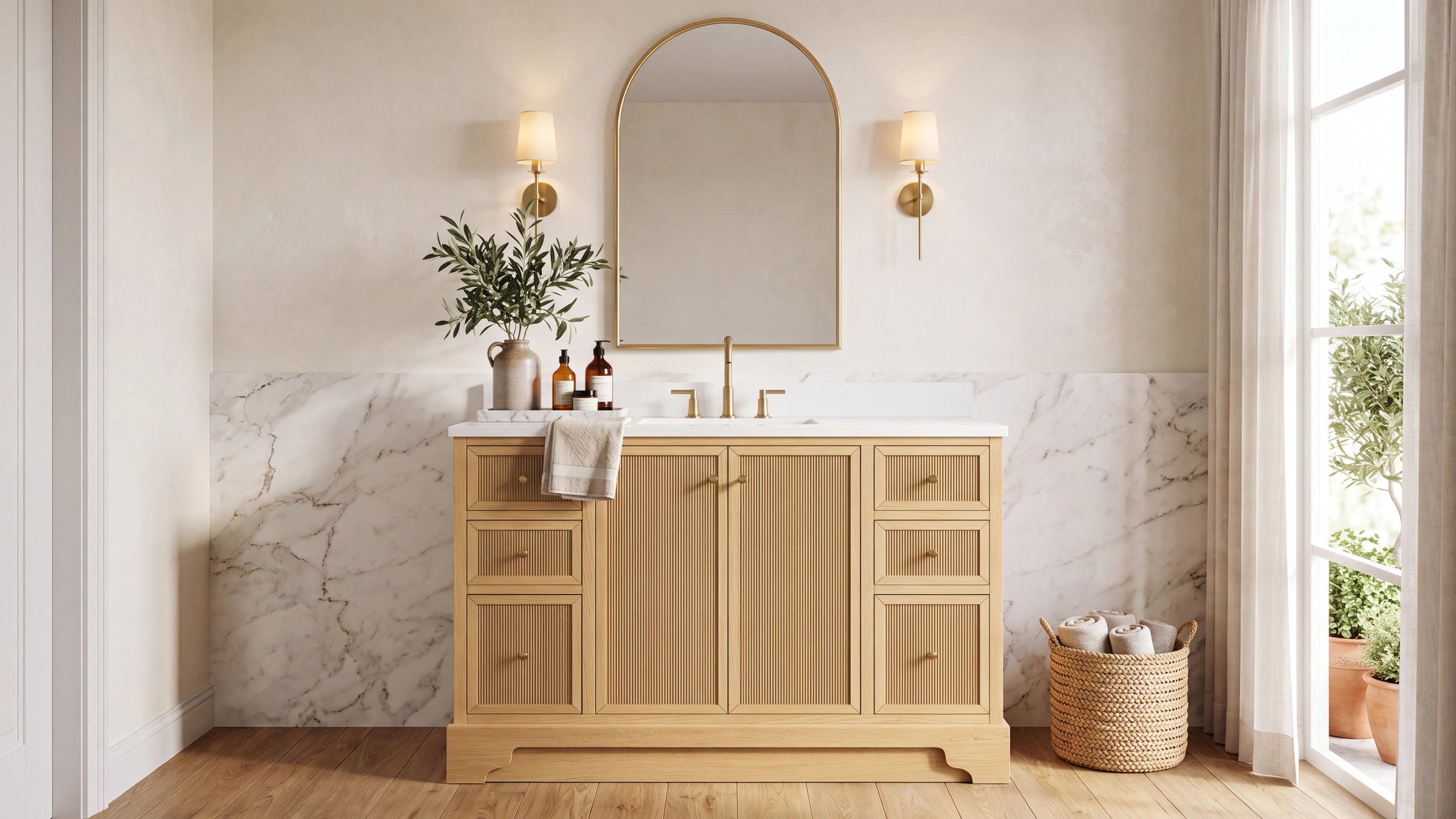 Manhattan reeded natural white oak single sink bathroom vanity with brushed brass hardware and quartz top — Willow Bath and Vanity