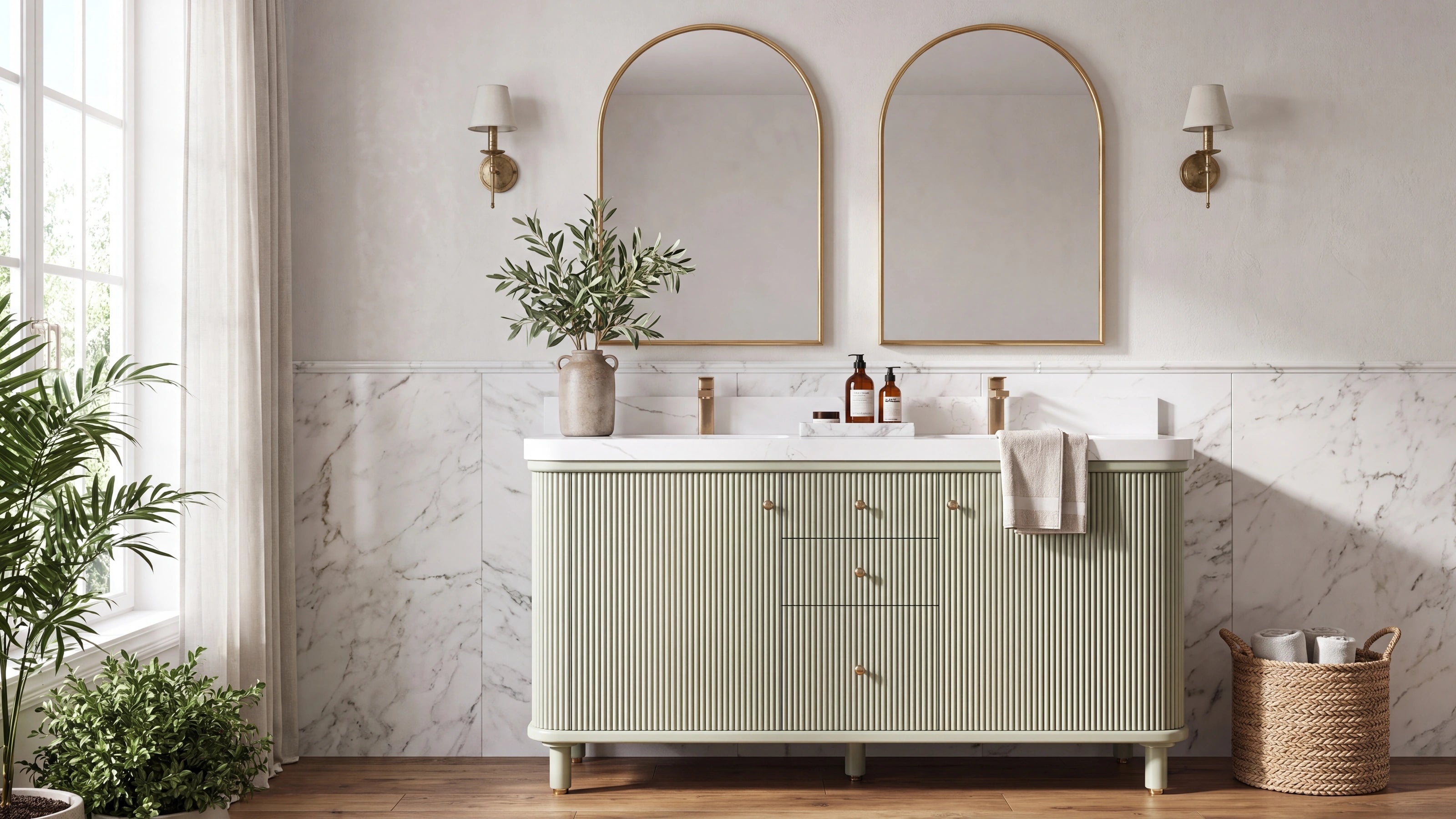 Miami sage green reeded curved double sink bathroom vanity with brushed brass hardware and quartz top — Willow Bath and Vanity