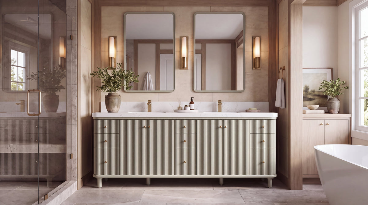 Miami 84-inch Evergreen fluted double sink bathroom vanity with white quartz countertop in a neutral luxury primary bathroom