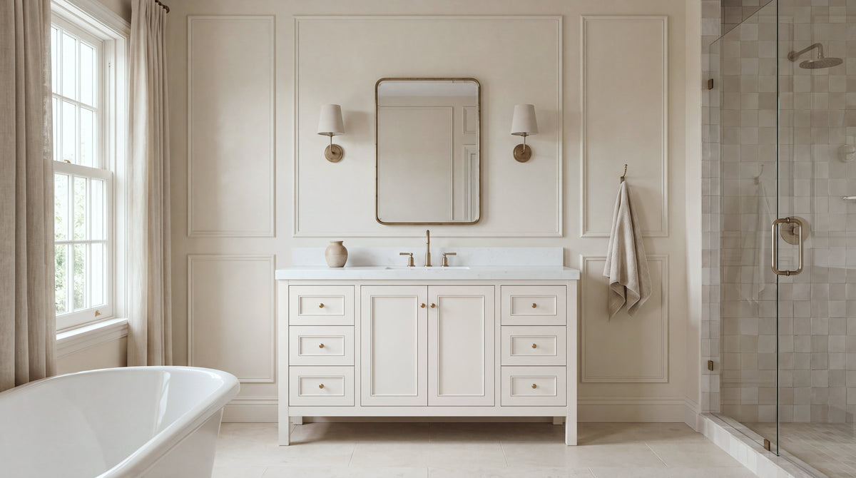 Nashville 60-inch Alabaster single sink bathroom vanity in a neutral Southern Georgian luxury bathroom