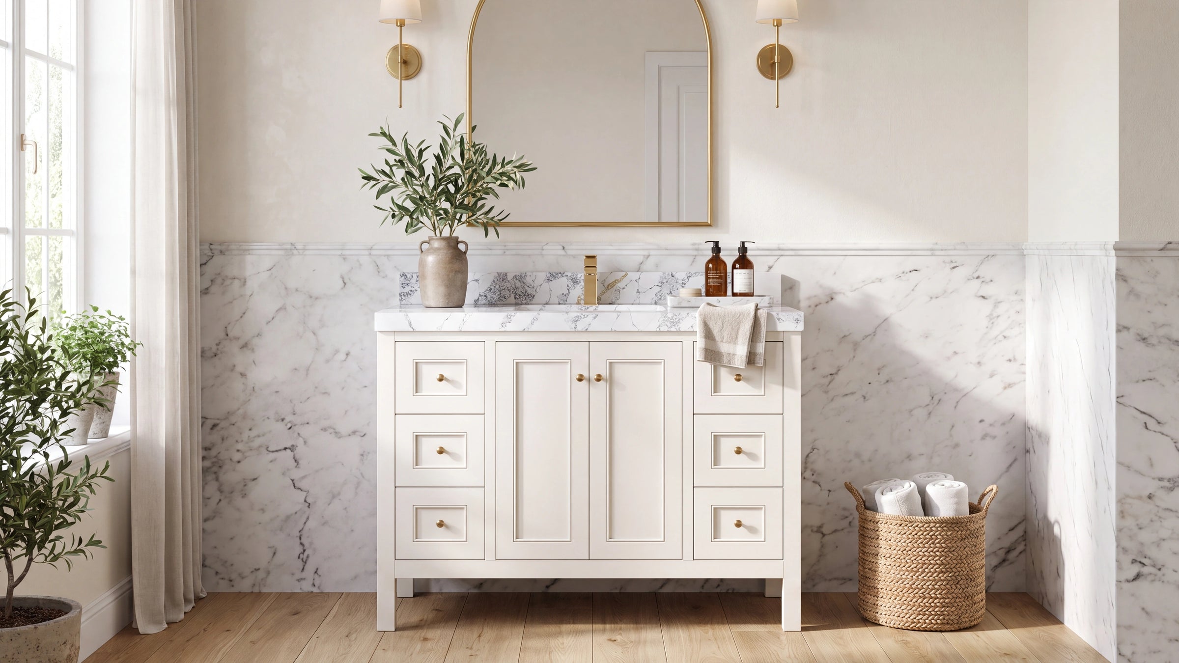 Nashville cream painted shaker single sink bathroom vanity with brushed brass hardware and Calacatta quartz top — Willow Bath and Vanity