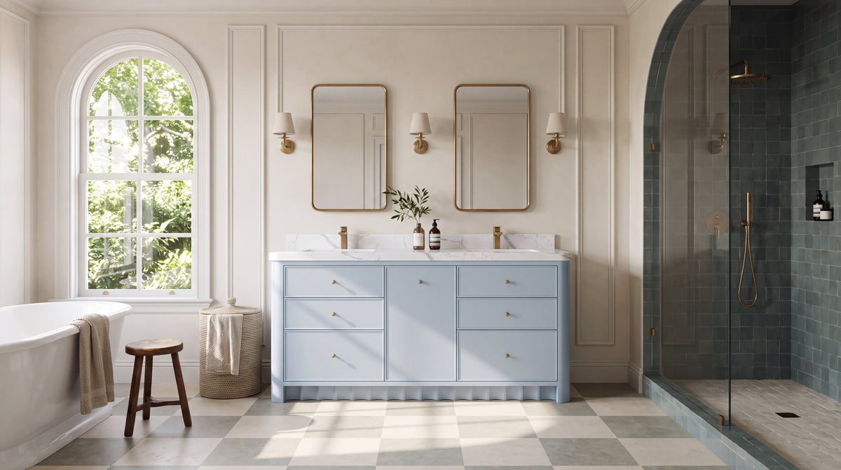 Orlando Blue Heather 72-inch double bathroom vanity in a neutral Savannah garden bathroom with checkerboard stone floor and celadon shower