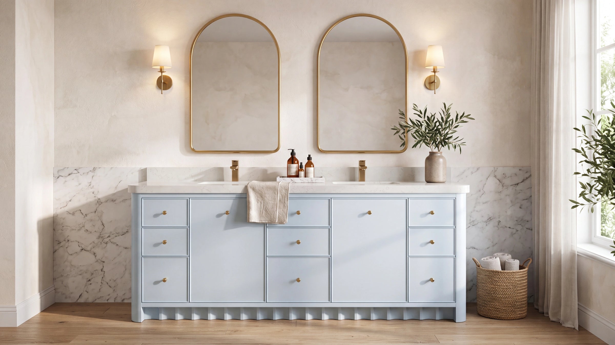Orlando powder blue shaker double sink bathroom vanity with scalloped wave base brushed brass hardware and quartz top — Willow Bath and Vanity