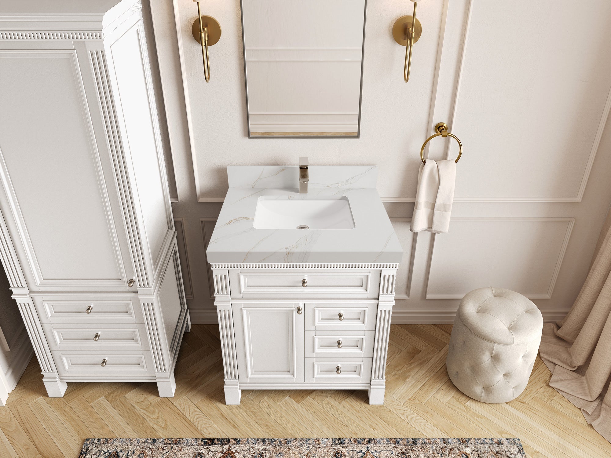 Paris 30-inch white bathroom vanity with Calacatta Sienna quartz countertop