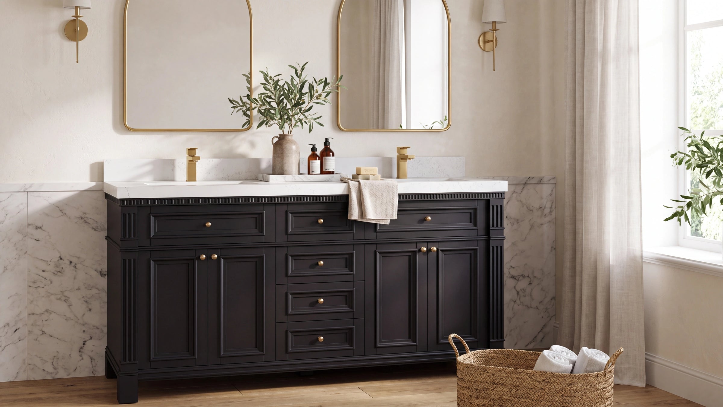 Paris black traditional double sink bathroom vanity with brushed brass hardware and Calacatta quartz top — Willow Bath and Vanity