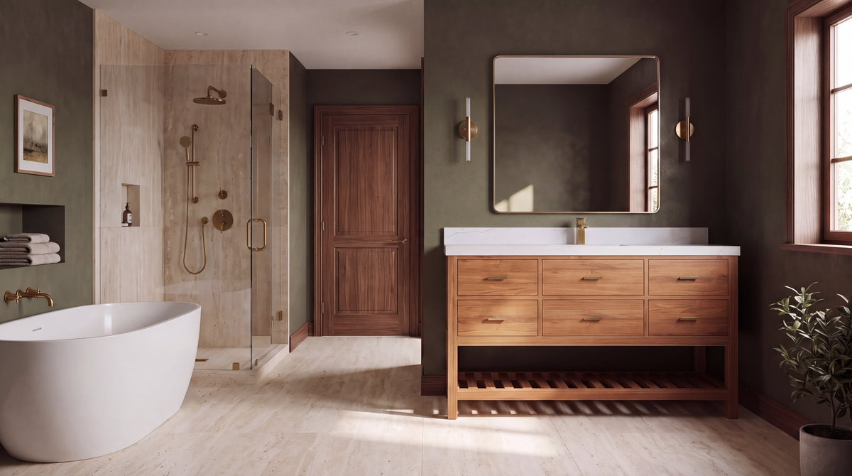 Parker 60-inch Golden Teak single sink bathroom vanity with white quartz countertop in a Belgian-modern luxury bathroom
