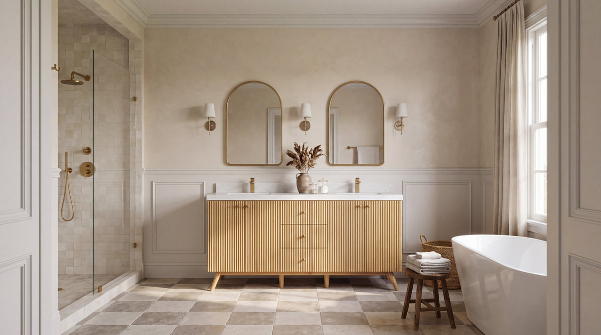 Pasadena 72-inch Light Natural Teak fluted double sink bathroom vanity in a warm Georgian luxury bathroom