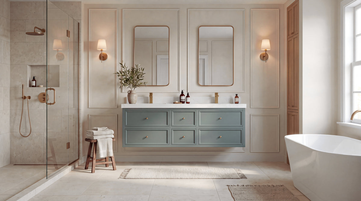 Roswell 60-inch Pewter Green floating double sink bathroom vanity in a warm luxury primary bathroom