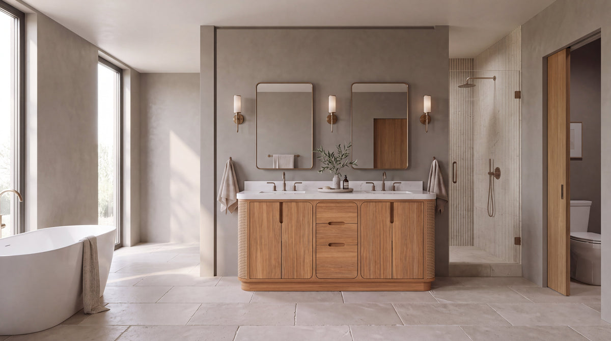 Ventura 72-inch Light Natural Teak double sink bathroom vanity with woven cane side panels in a modern organic luxury bathroom