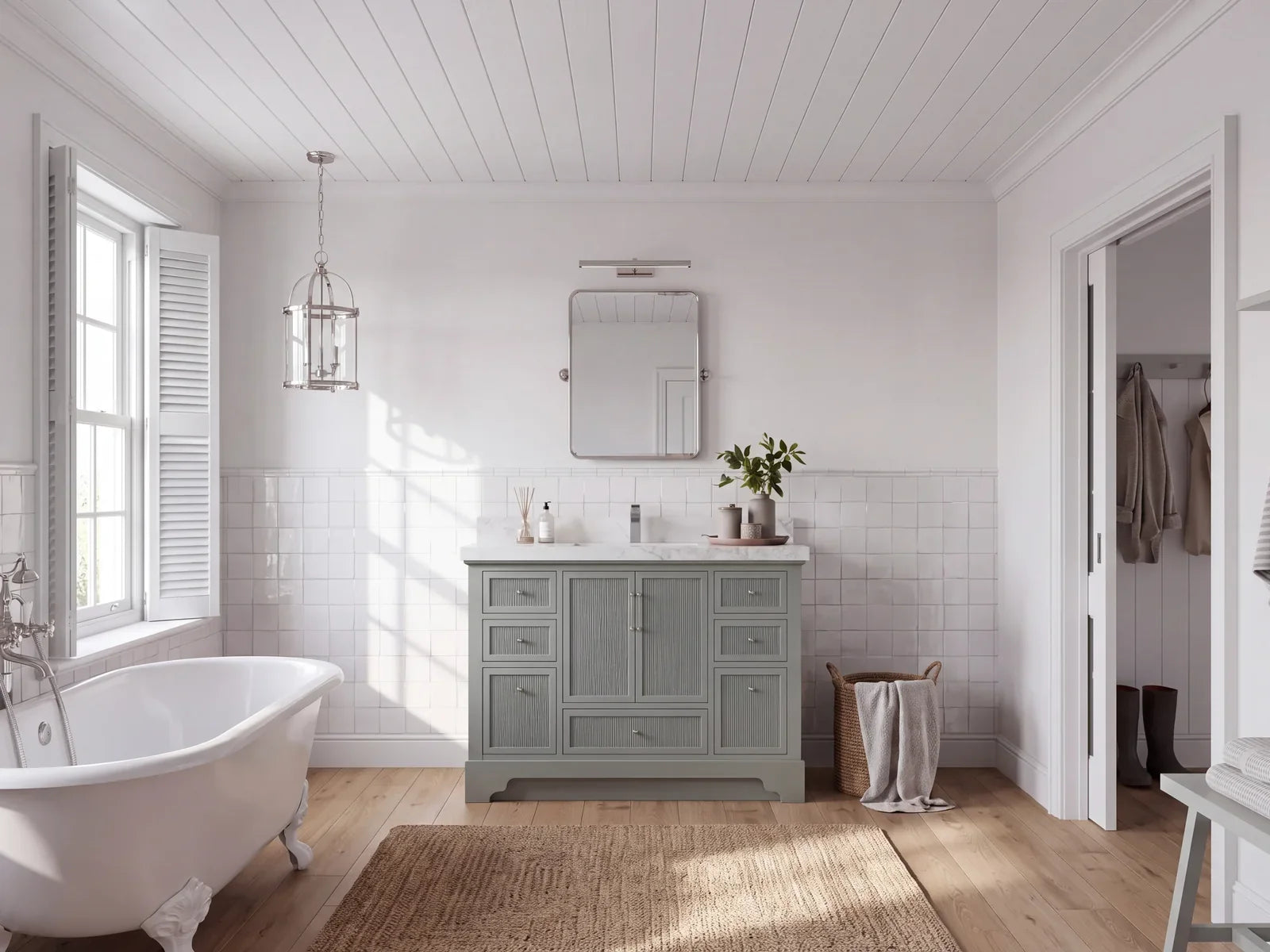 Evergreen Fog vanities — 48 inch Alys reeded single sink vanity in sage green with a white quartz top and polished nickel hardware