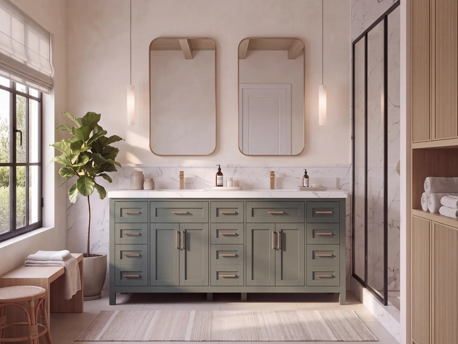 Pewter Green vanities — 84 inch Cambridge shaker double sink vanity in deep green with a white quartz top and aged brass pulls