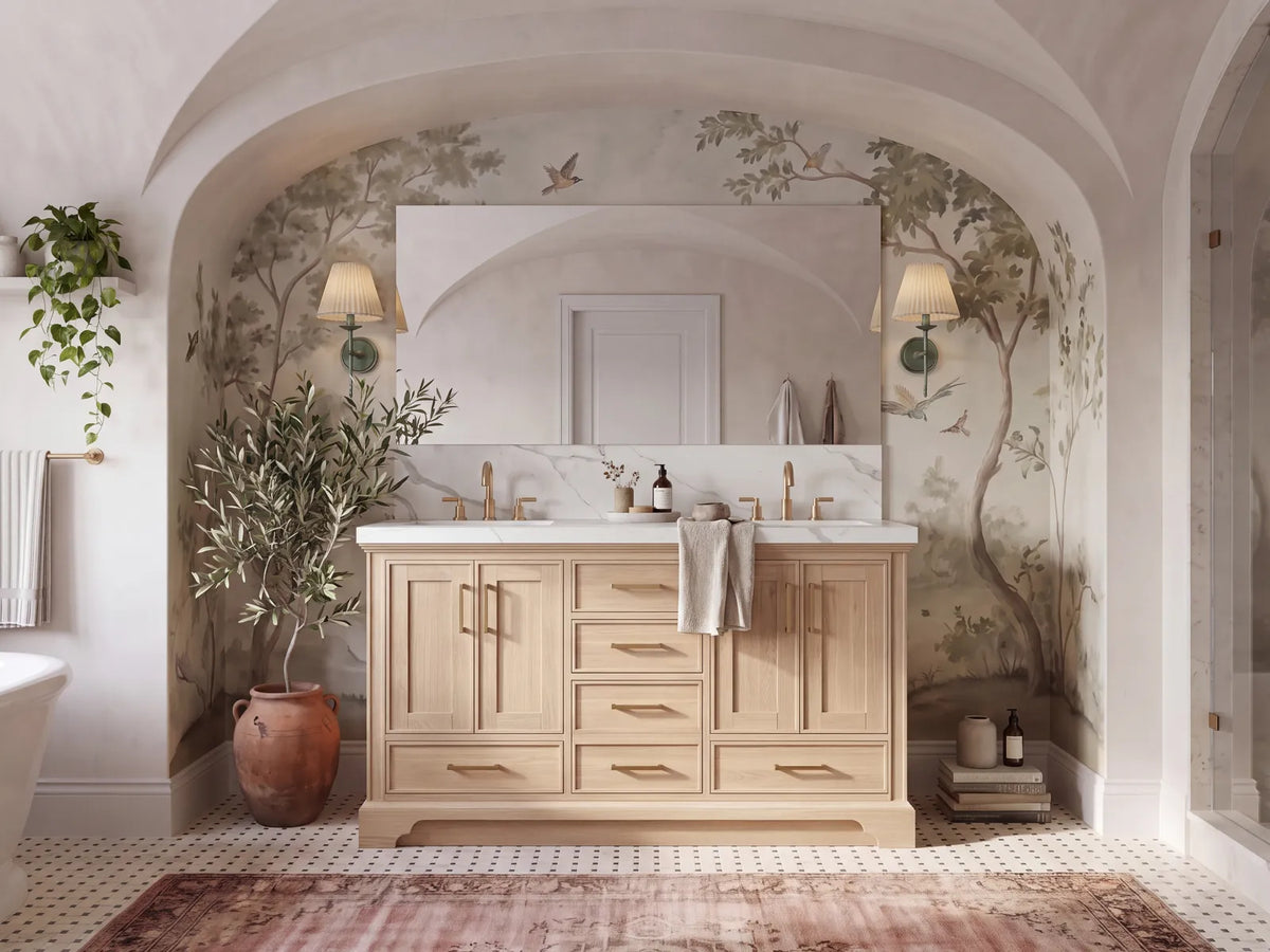Transitional white oak double-sink bathroom vanity in a neutral bathroom