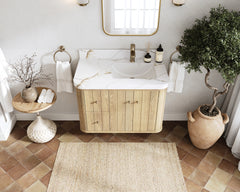 Houston White Oak 36 in. W x 22 in. D Floating Right Offset Sink Bathroom Vanity with Curved Edge Design - photo 7