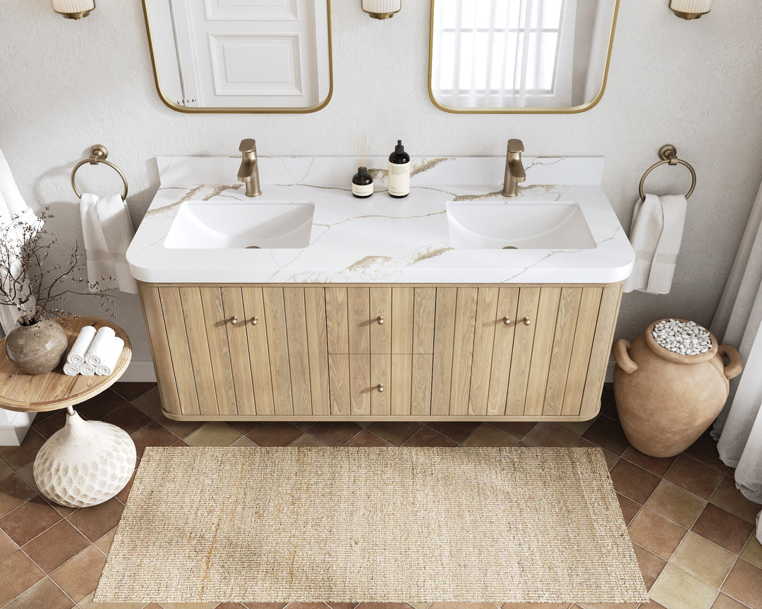 Houston White Oak 60 in. W x 22 in. D Floating Double Sink Bathroom Vanity with Curved Edge Design