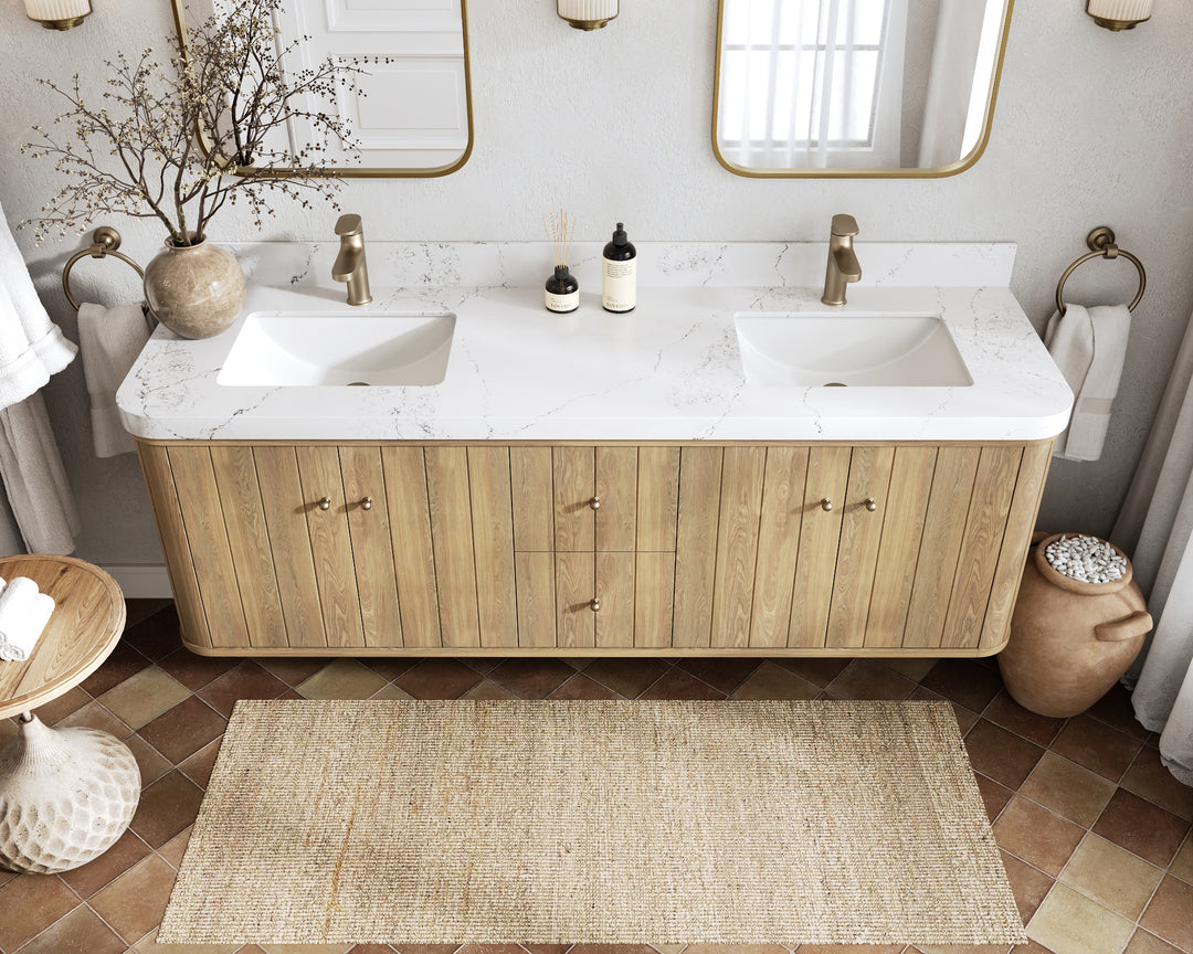 Houston White Oak 72 in. W x 22 in. D Floating Double Sink Bathroom Vanity with Curved Edge Design